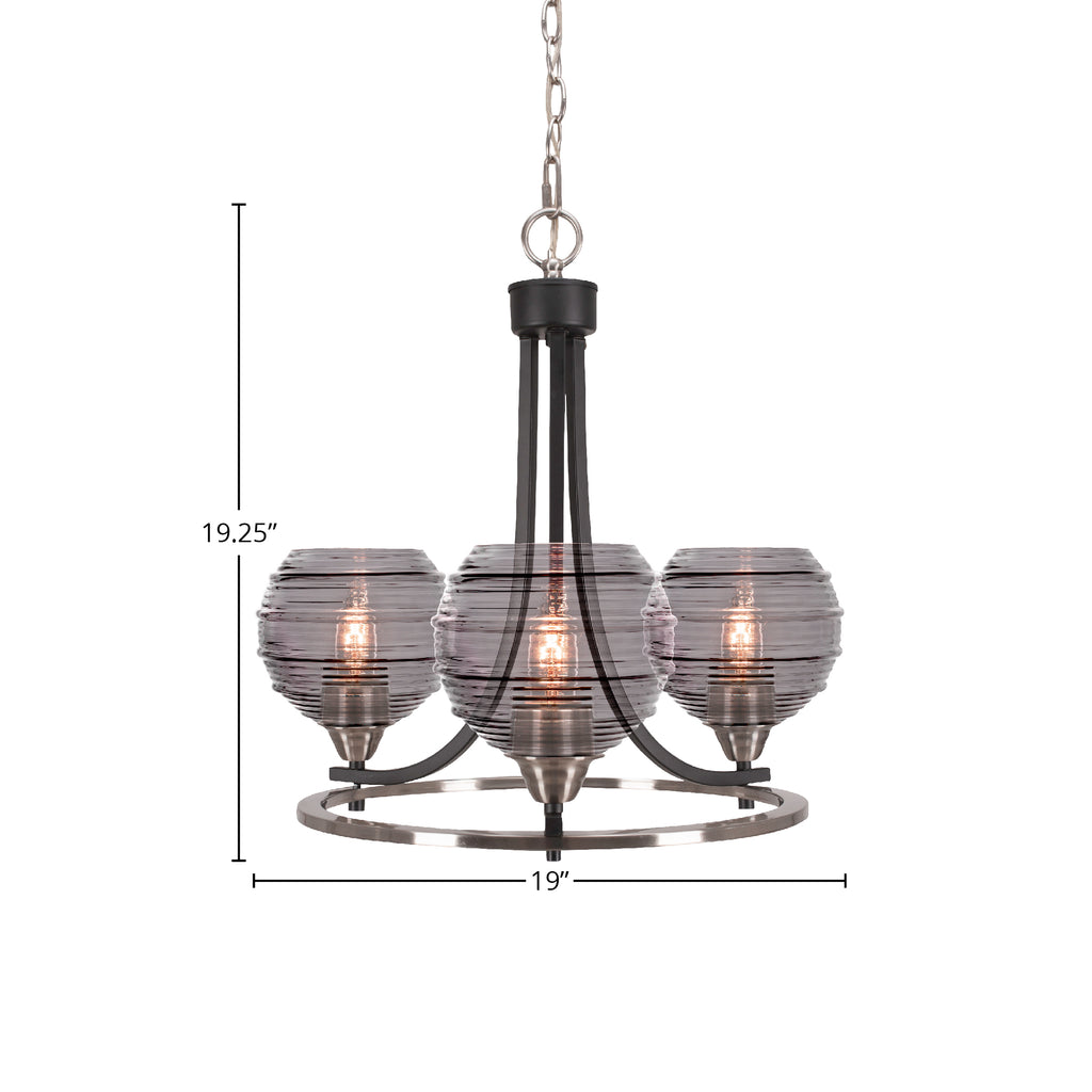 Paramount Three Light Chandelier in Matte Black & Brushed Nickel with 6" Smoke Ribbed Shade