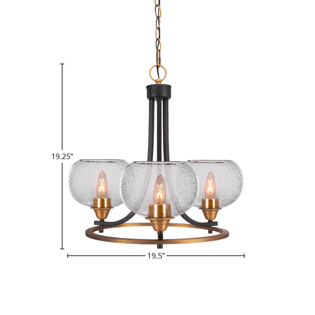 Paramount Three Light Chandelier in Matte Black & Brass with 7" Clear Bubble Shade