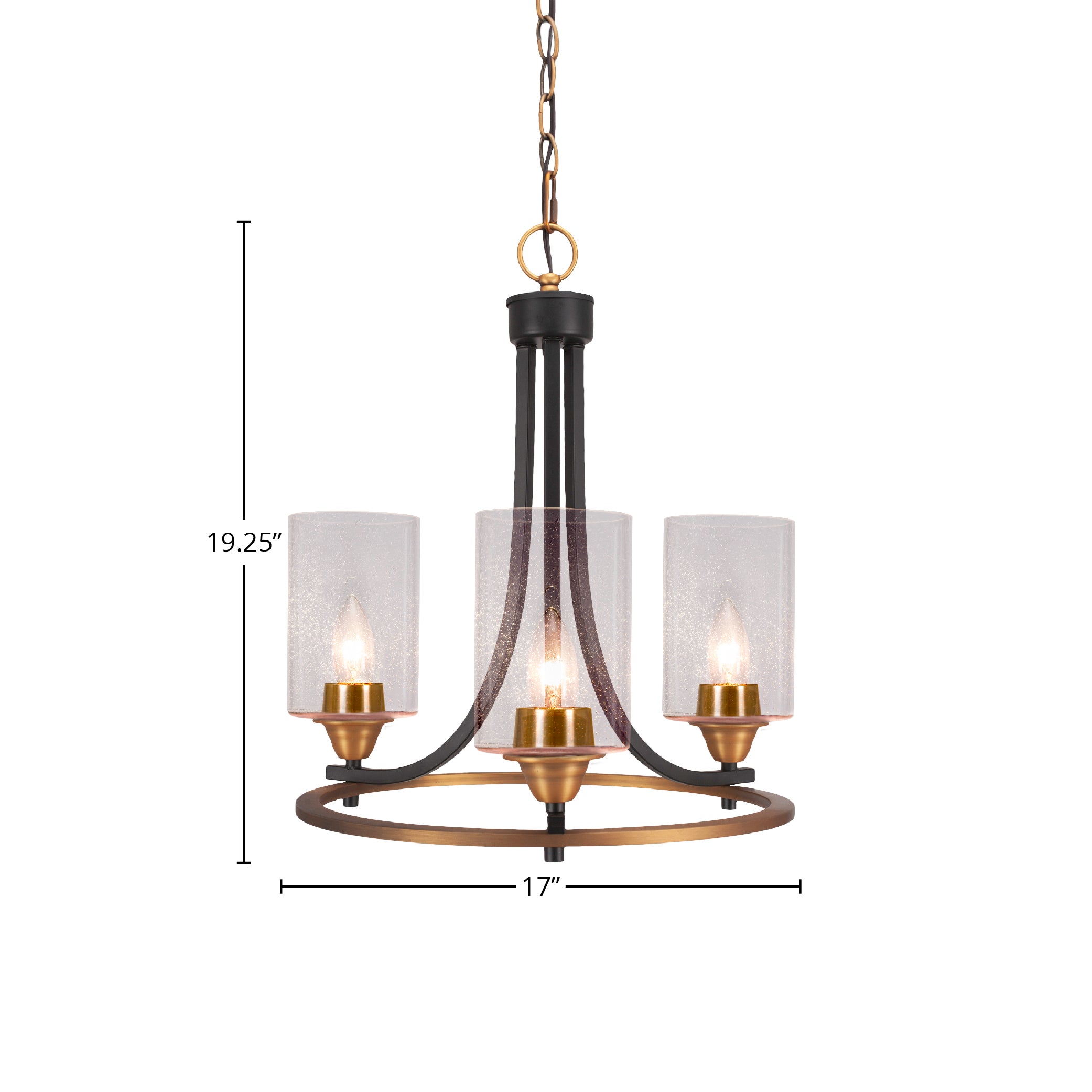 Paramount Three Light Chandelier in Matte Black & Brass with 4" Clear Bubble Shade