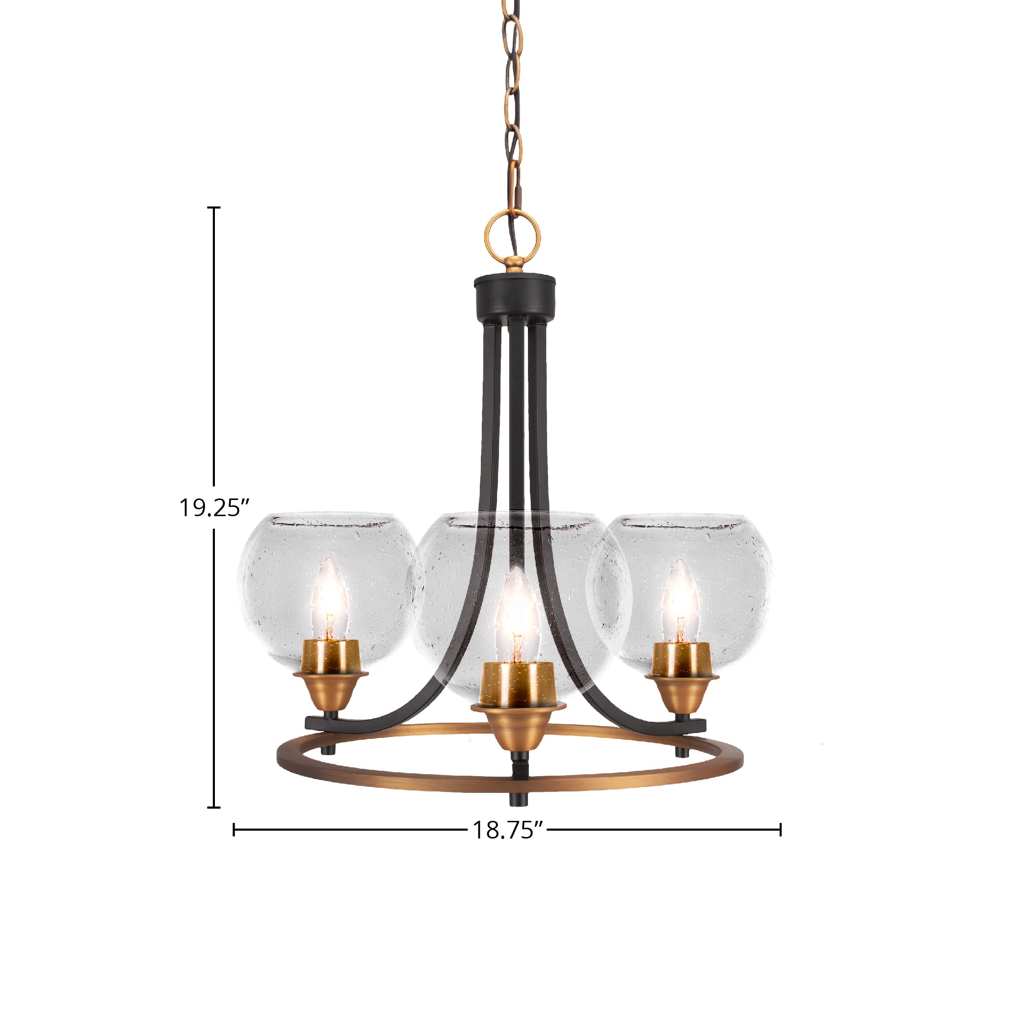 Paramount Three Light Chandelier in Matte Black & Brass with 5.75" Clear Bubble Shade