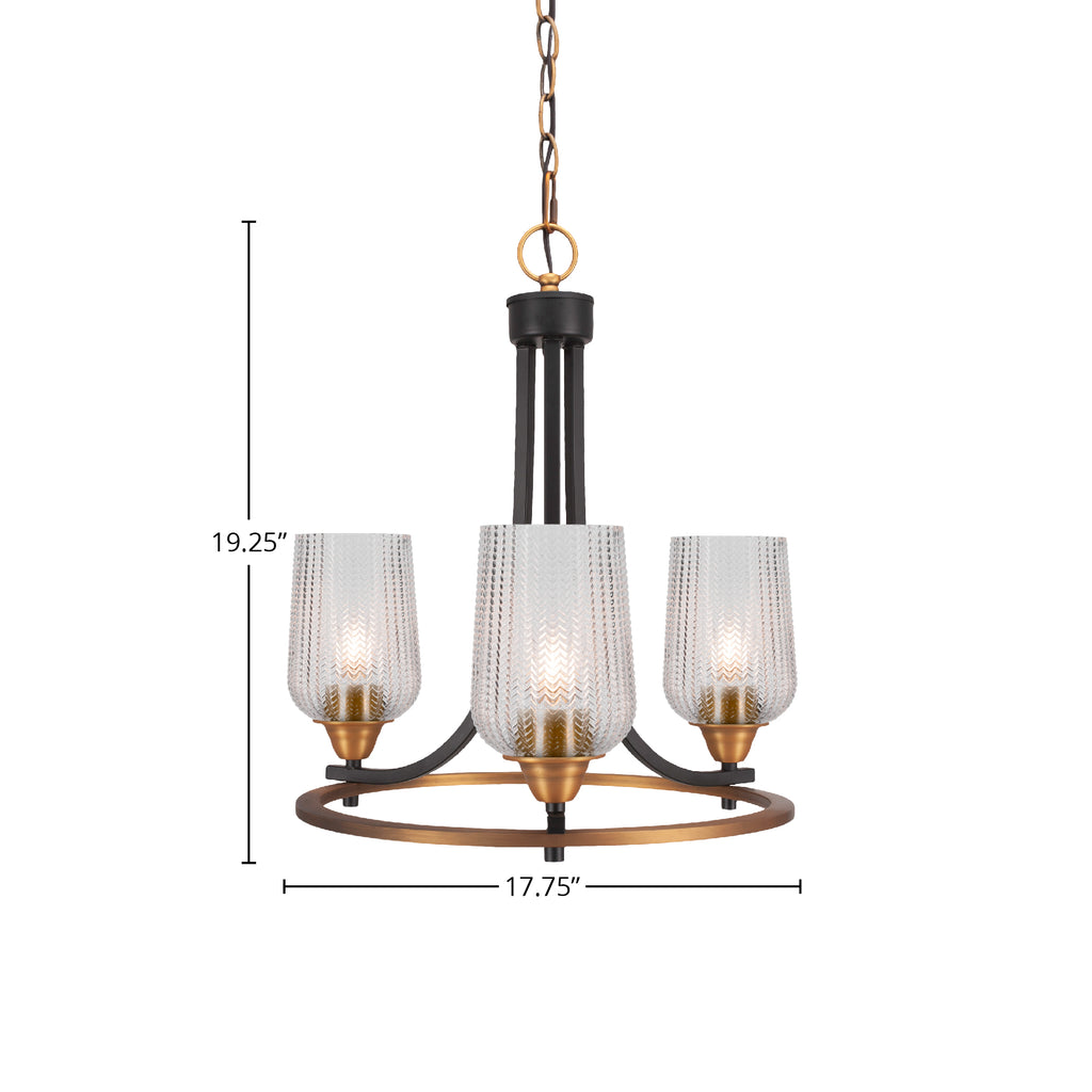 Paramount Three Light Chandelier in Matte Black & Brass with 5" Clear Textured Shade