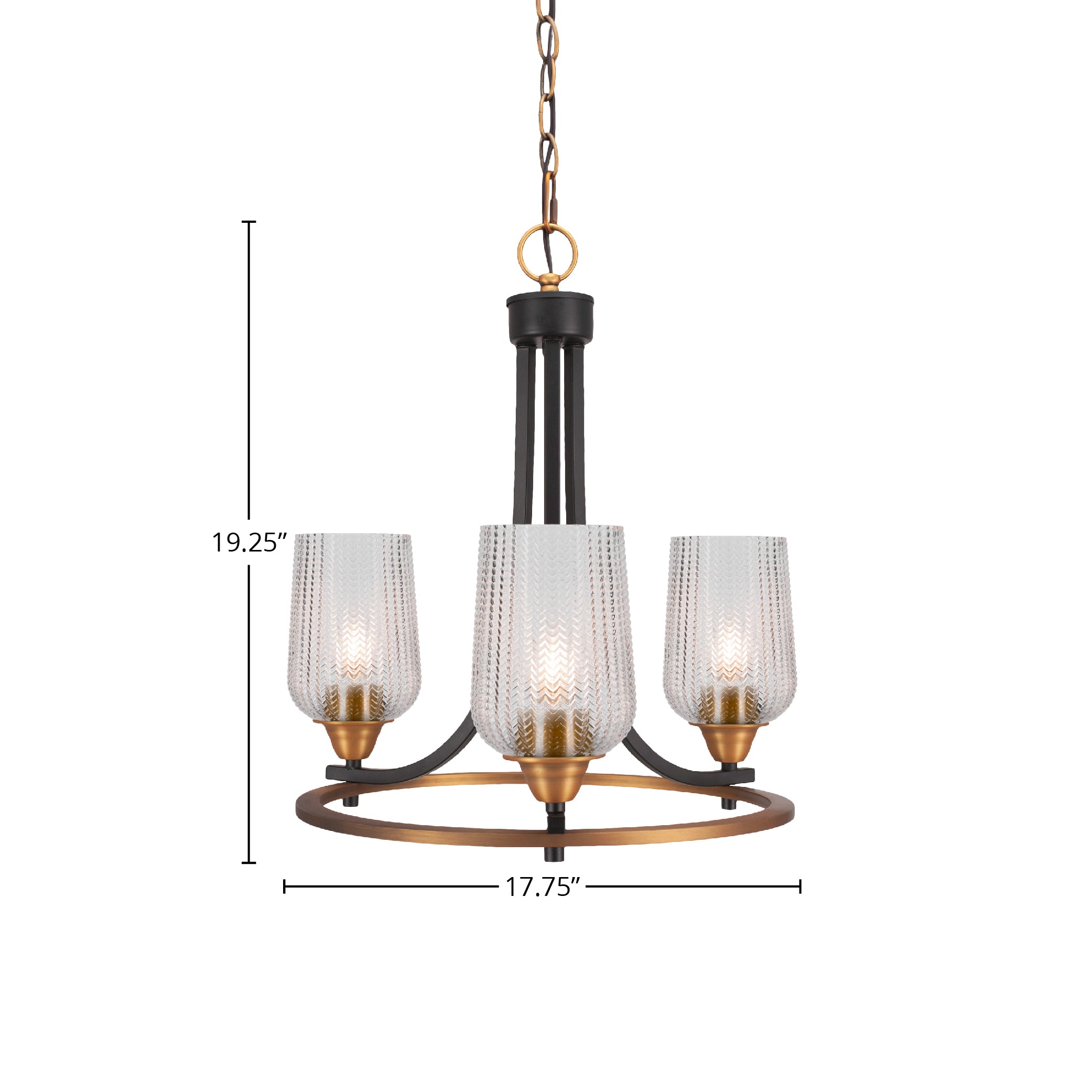 Paramount Three Light Chandelier in Matte Black & Brass with 5" Clear Textured Shade