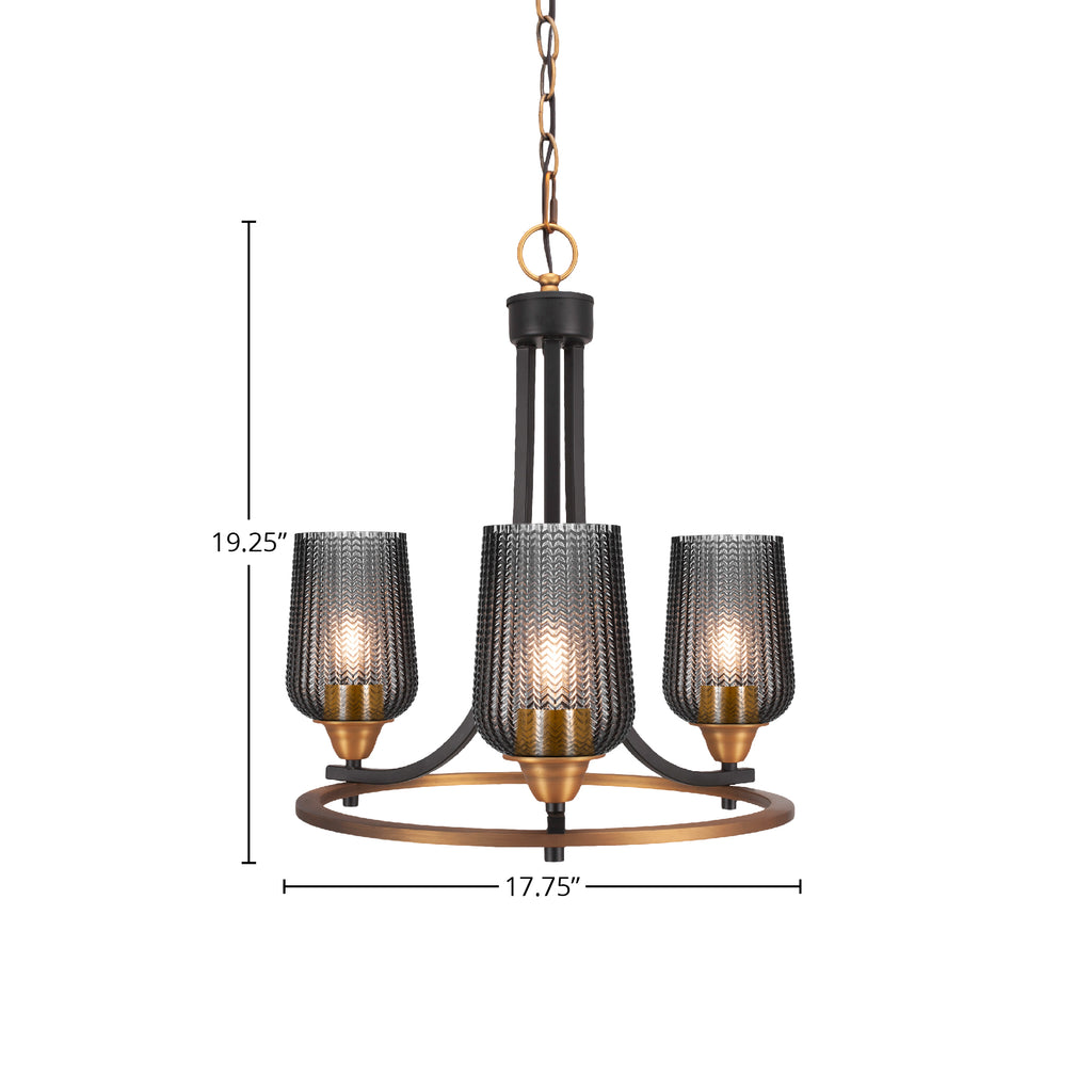Paramount Three Light Chandelier in Matte Black & Brass with 5" Smoke Textured Shade