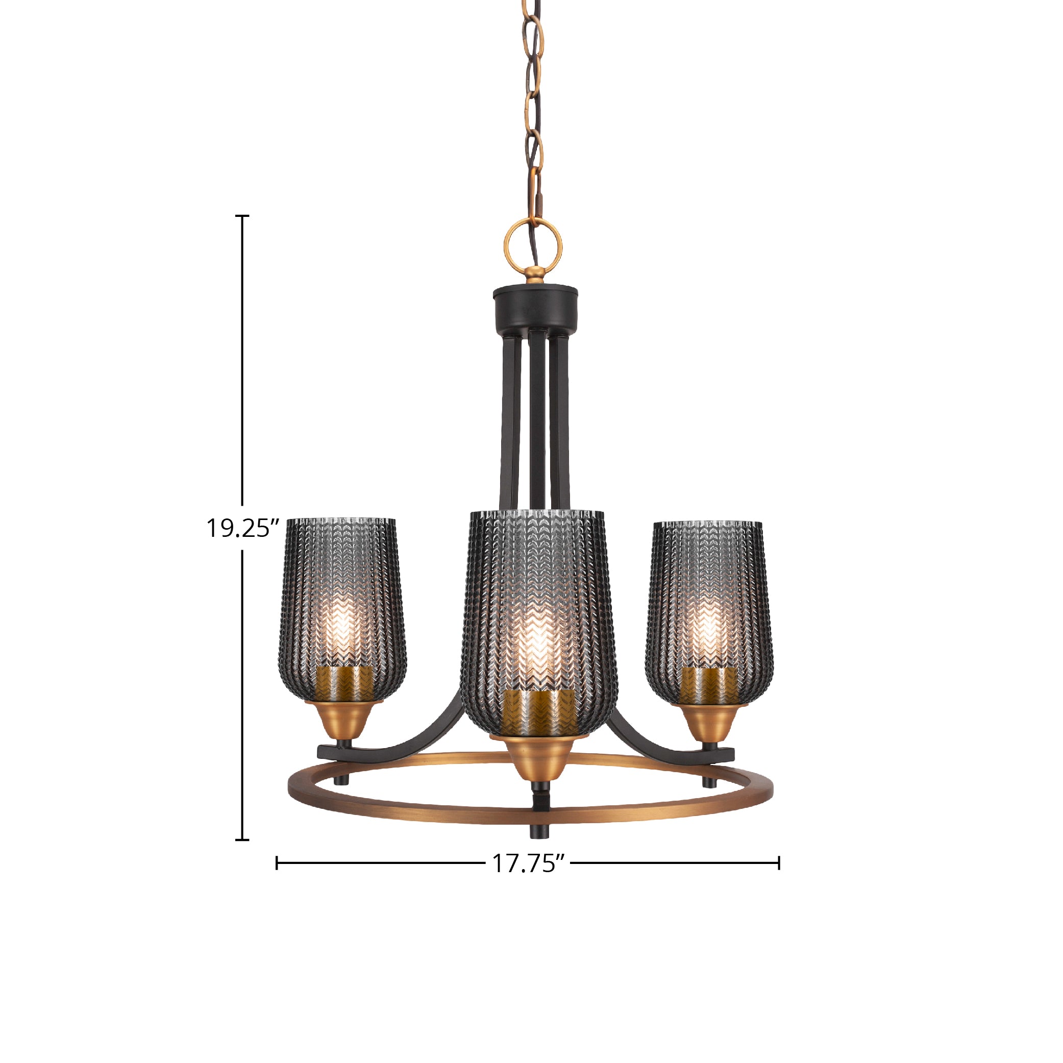 Paramount Three Light Chandelier in Matte Black & Brass with 5" Smoke Textured Shade