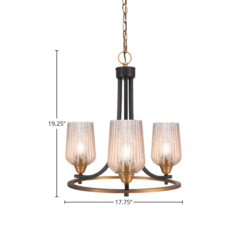 Paramount Three Light Chandelier in Matte Black & Brass with 5" Silver Textured Shade