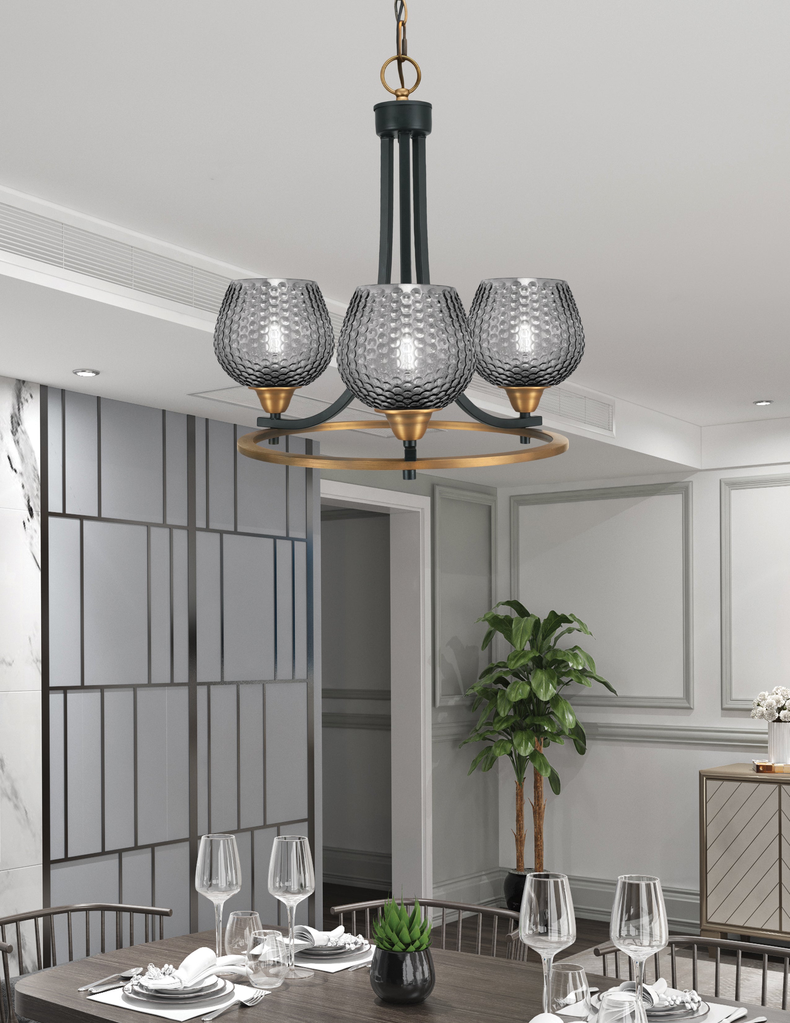 Paramount Three Light Chandelier in Matte Black & Brass with Smoke Textured Shade