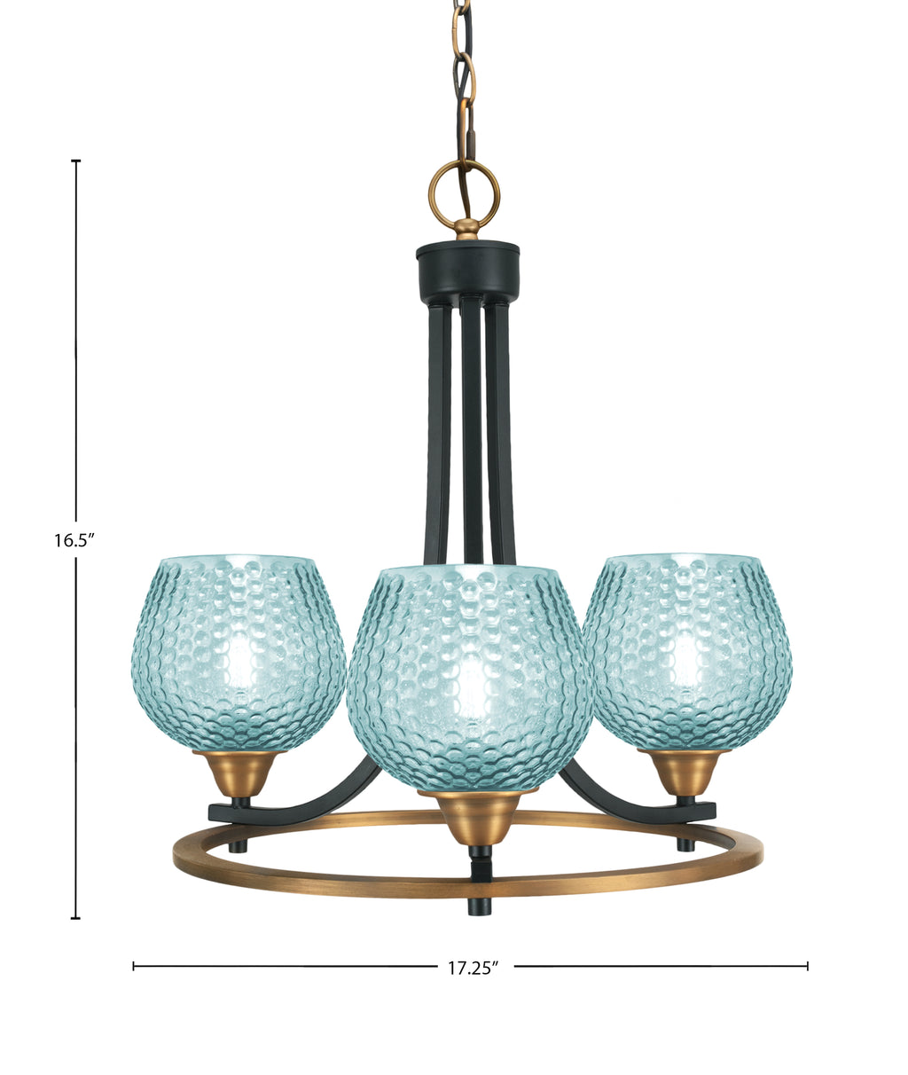 Paramount Three Light Chandelier in Matte Black & Brass with Turquoise Textured Shade