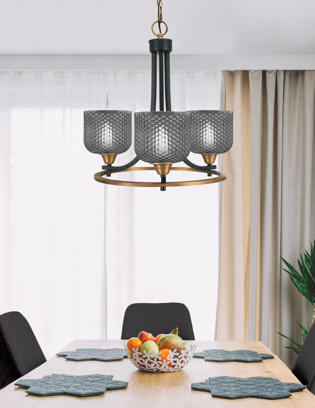 Paramount Three Light Chandelier in Matte Black & Brass with Smoke Textured Shade