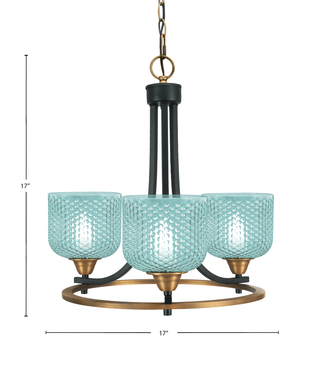 Paramount Three Light Chandelier in Matte Black & Brass with Turquoise Textured Shade