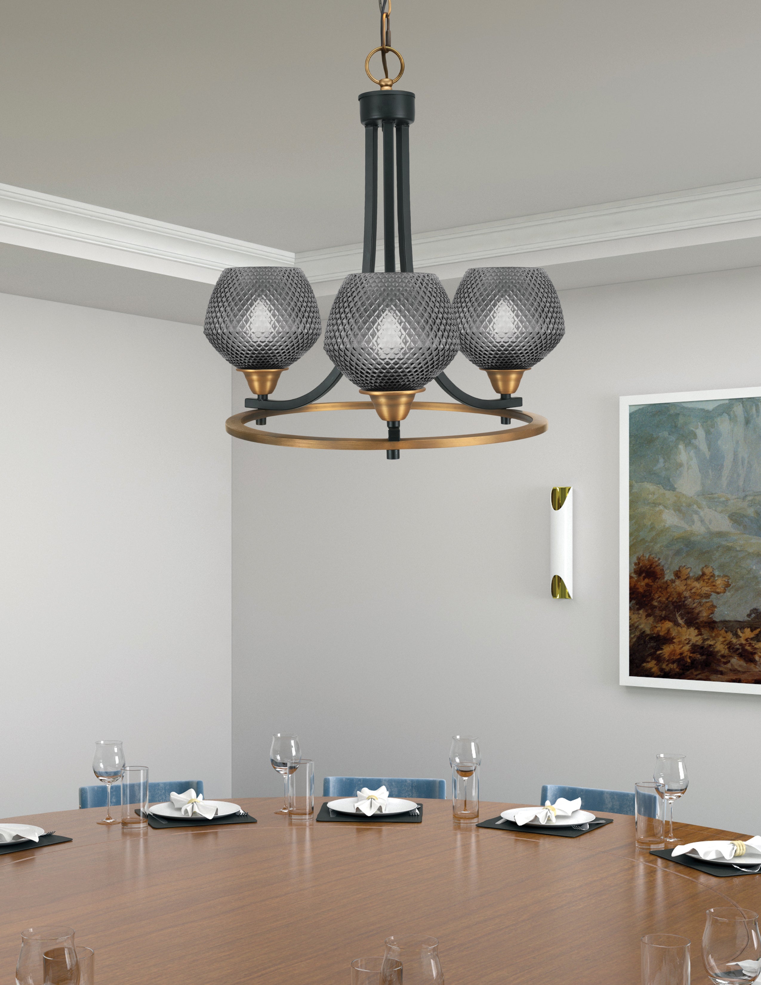Paramount Three Light Chandelier in Matte Black & Brass with Smoke Textured Shade