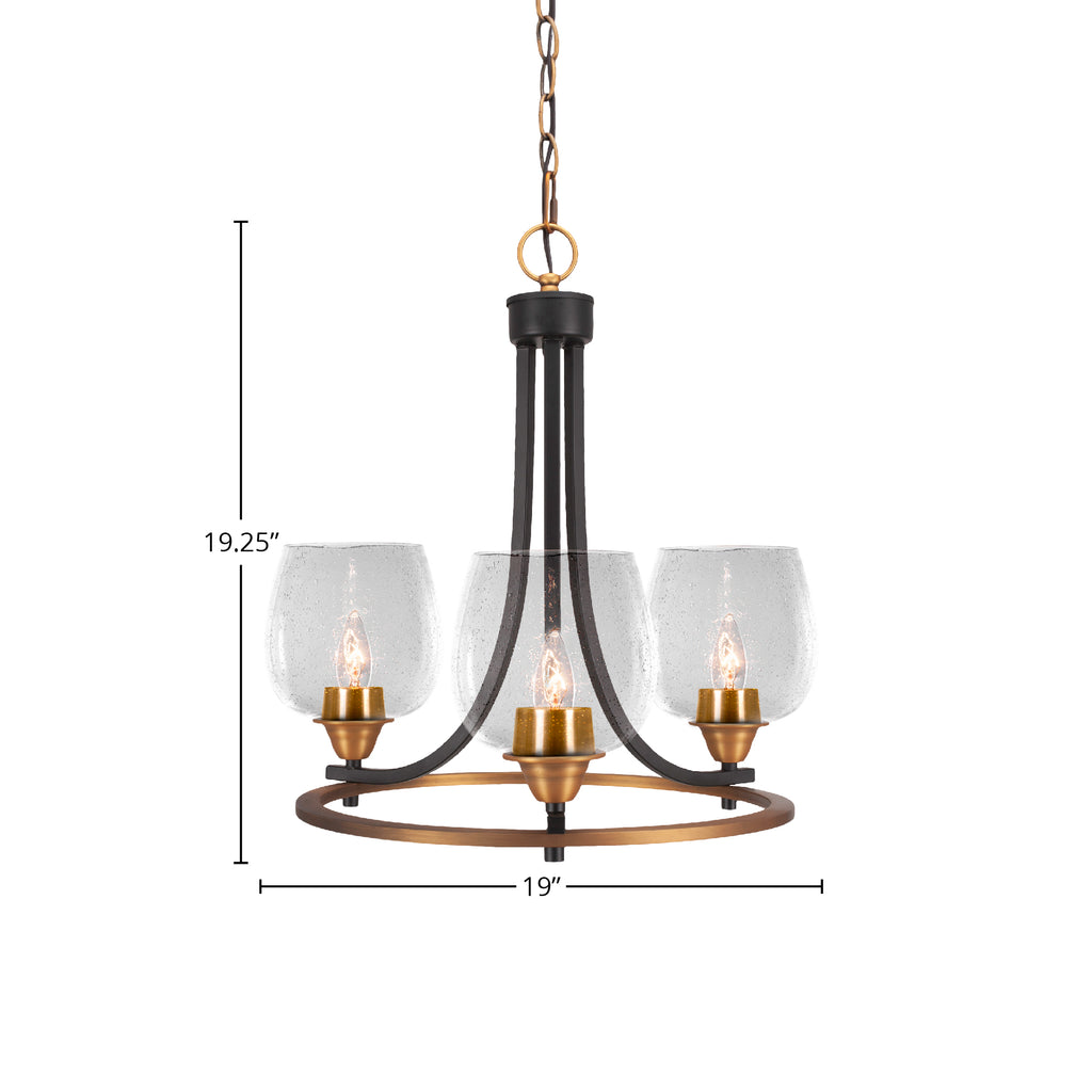 Paramount Three Light Chandelier in Matte Black & Brass with 6" Clear Bubble Shade