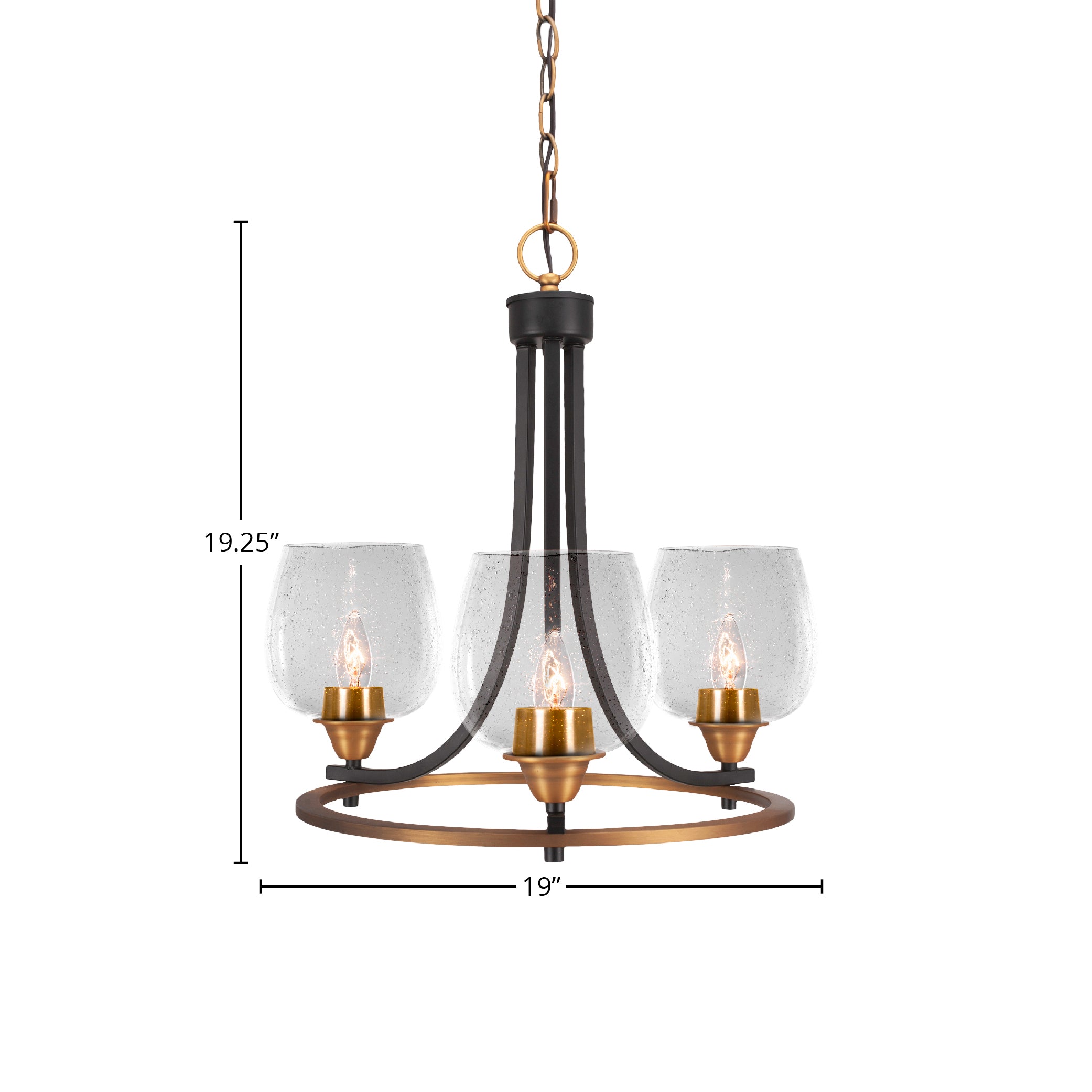 Paramount Three Light Chandelier in Matte Black & Brass with 6" Clear Bubble Shade