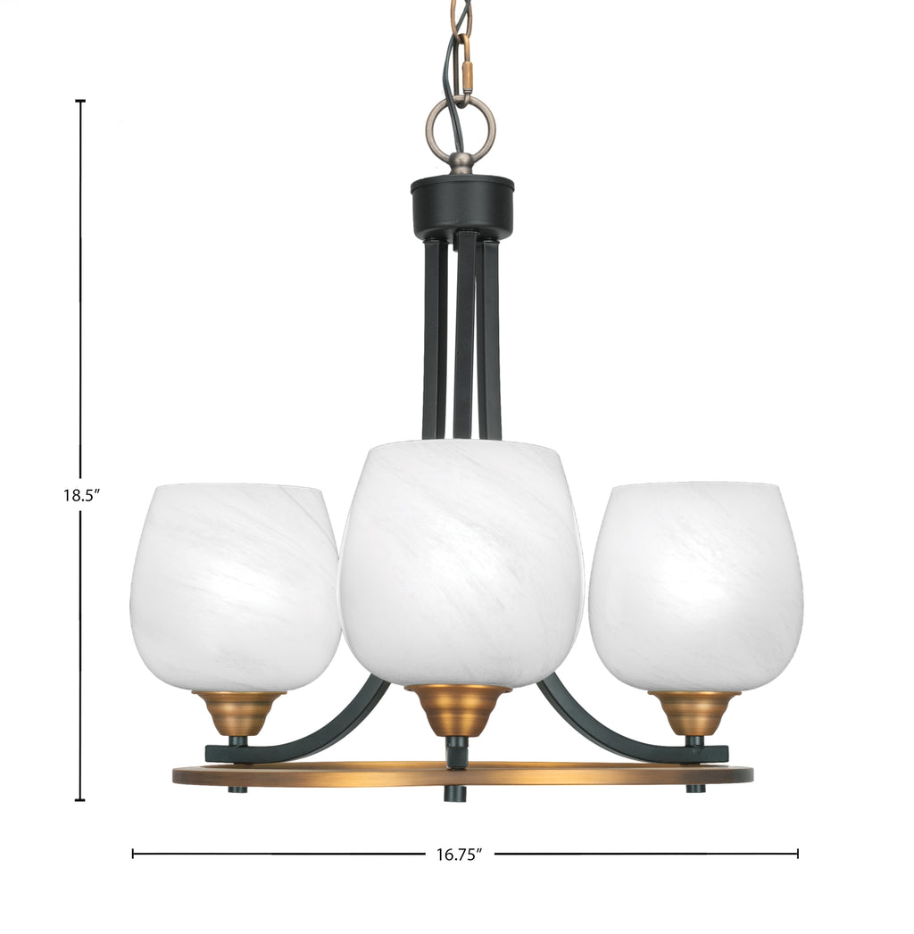 Paramount Three Light Chandelier in Matte Black & Brass with 6" White Marble Shade