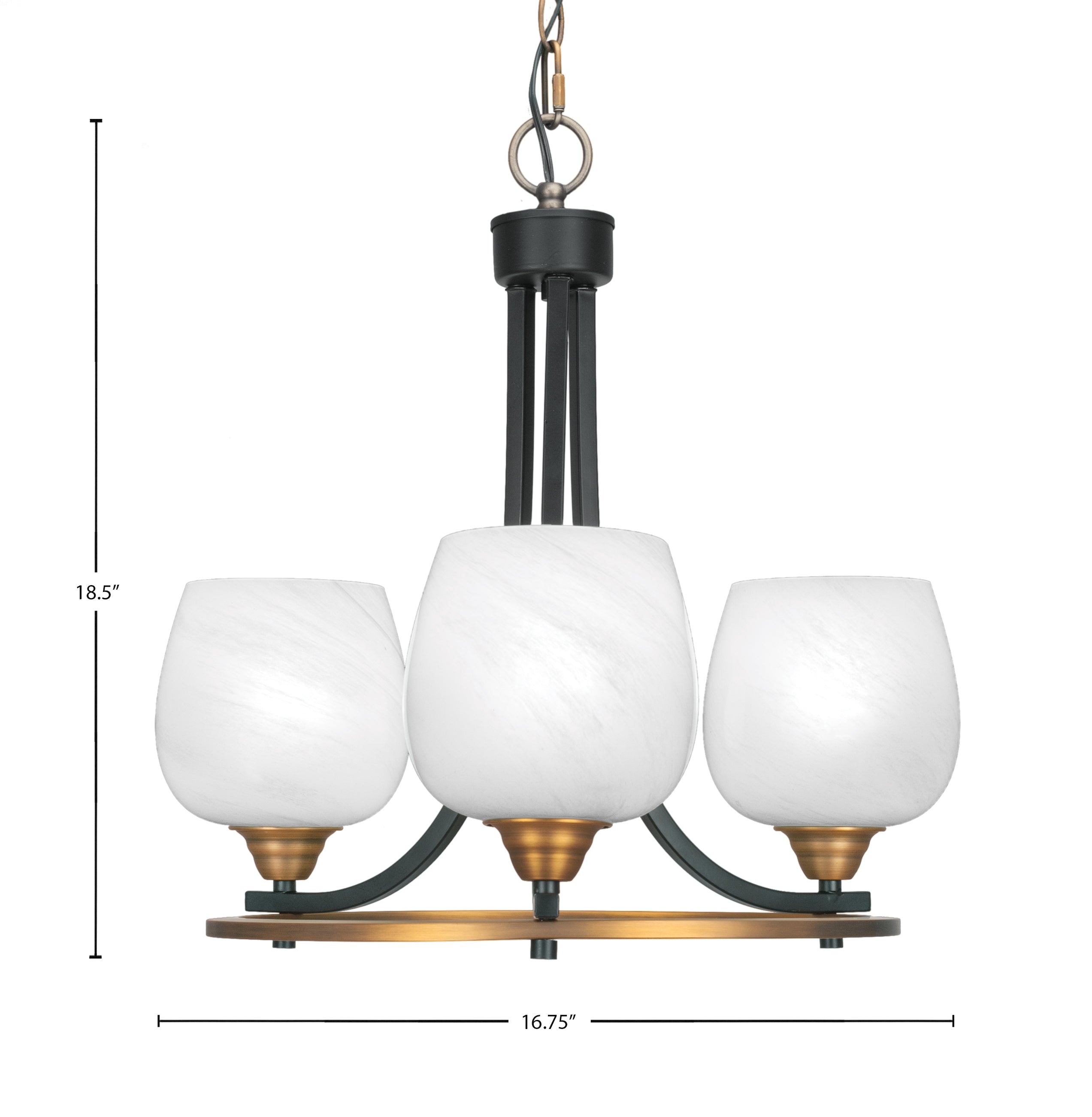 Paramount Three Light Chandelier in Matte Black & Brass with 6" White Marble Shade