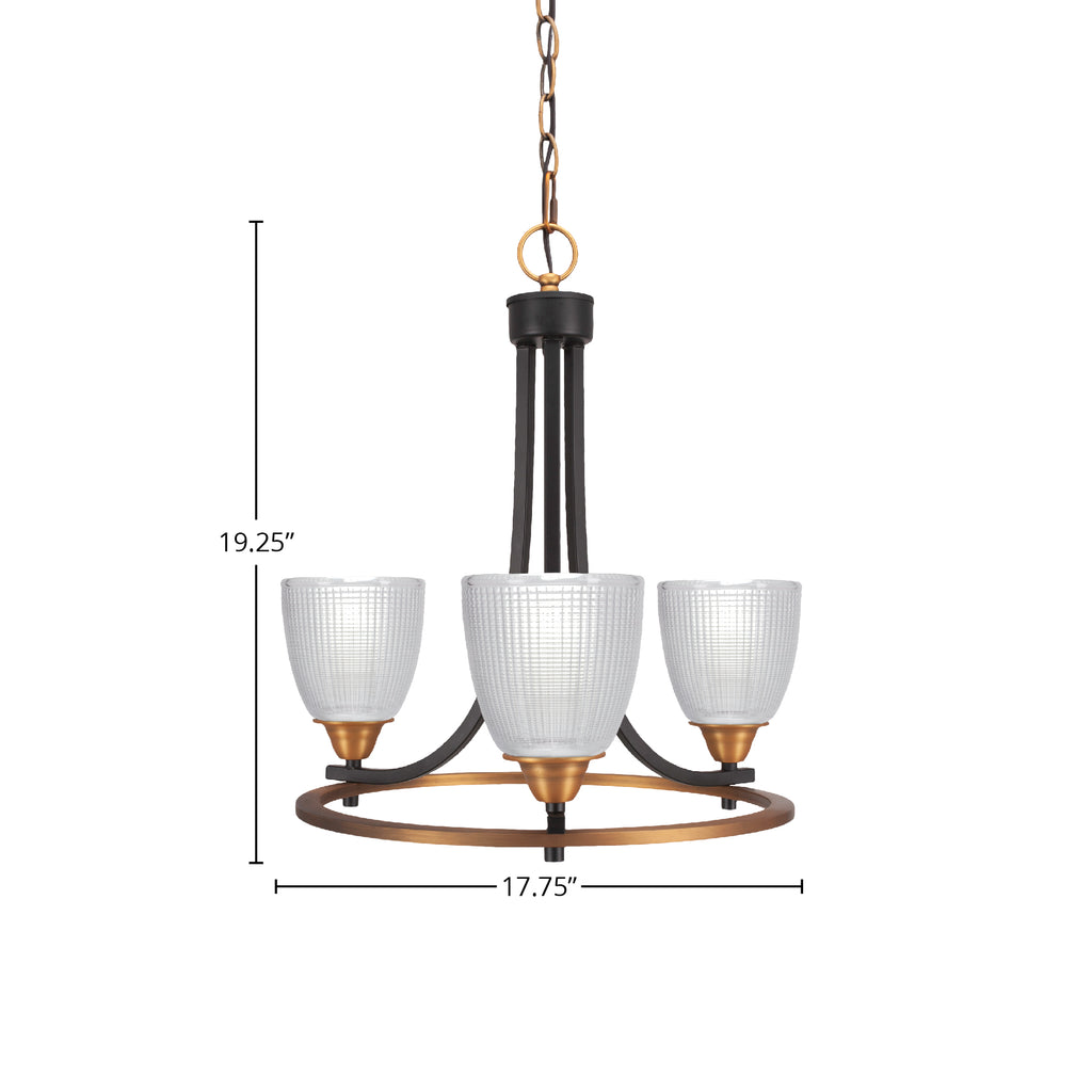 Paramount Three Light Chandelier in Matte Black & Brass with 5" Clear Ribbed Shade