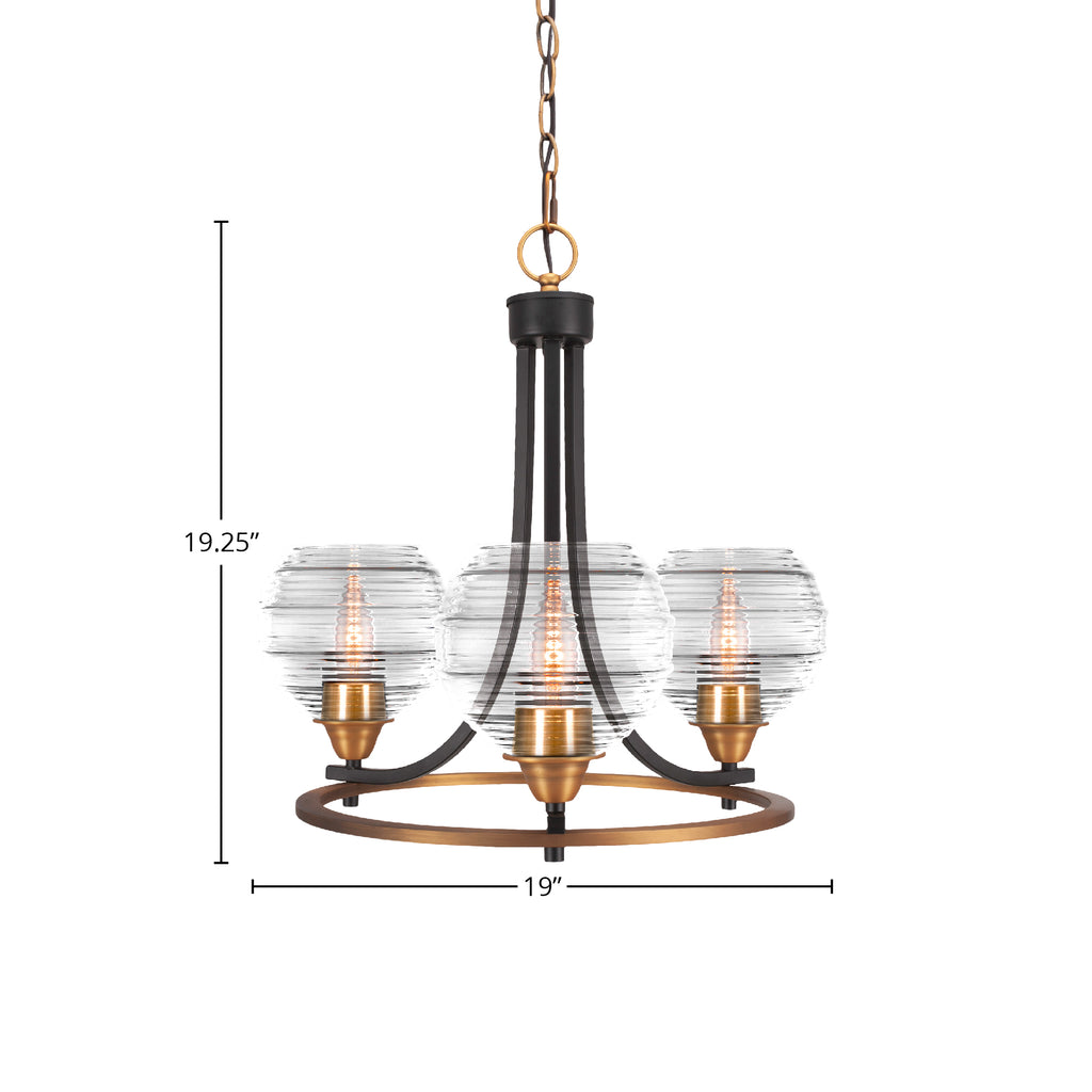 Paramount Three Light Chandelier in Matte Black & Brass with 6" Clear Ribbed Shade