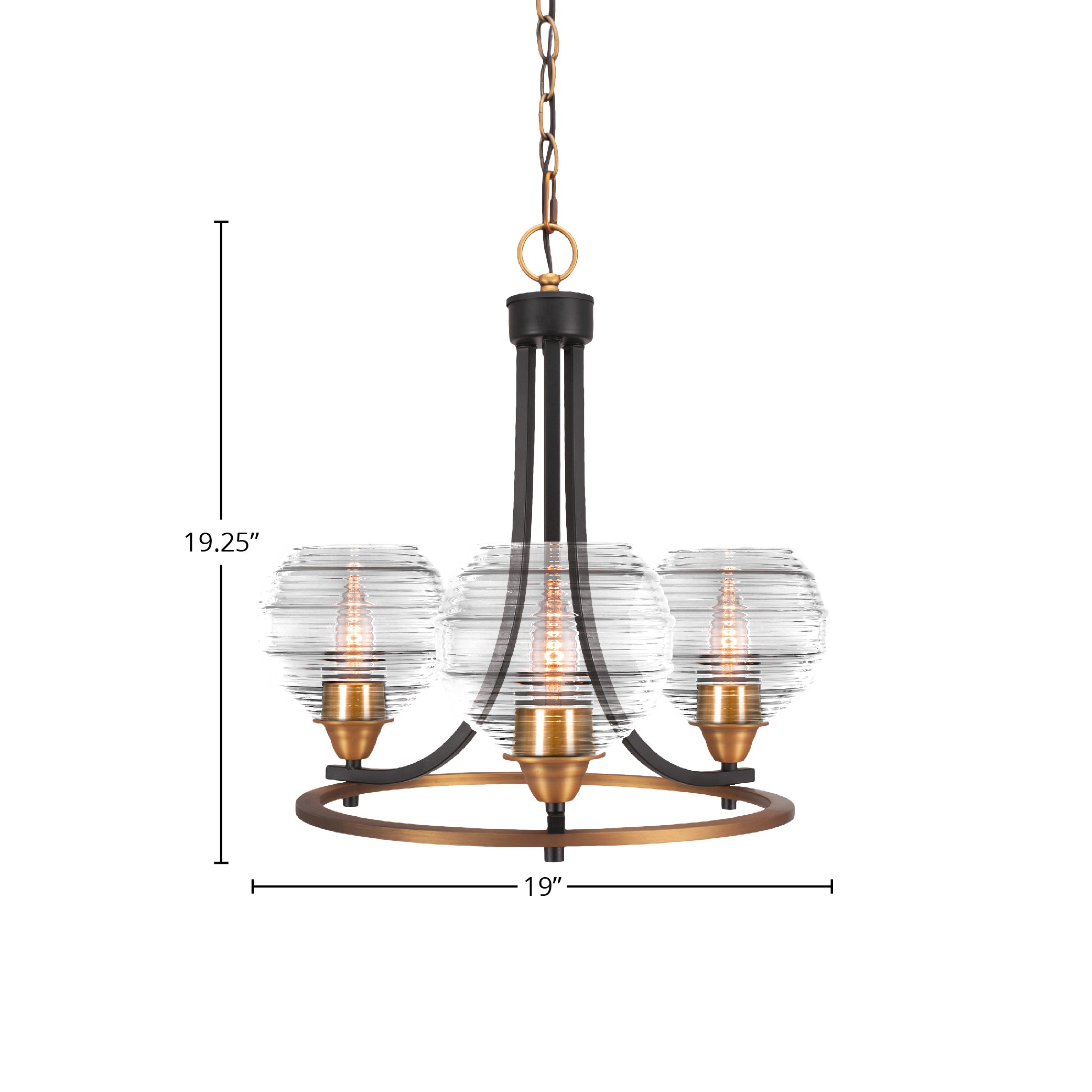 Paramount Three Light Chandelier in Matte Black & Brass with 6" Clear Ribbed Shade