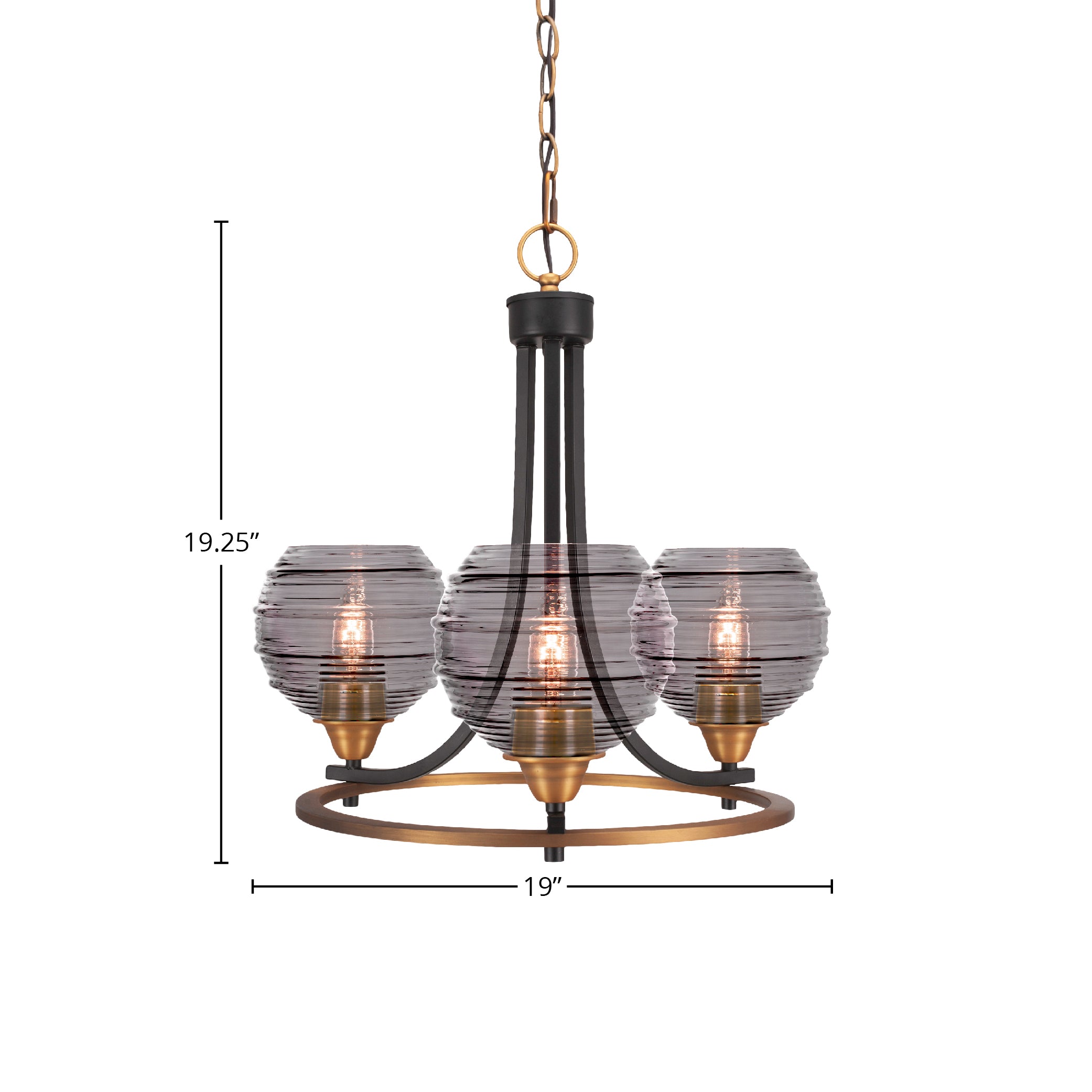 Paramount Three Light Chandelier in Matte Black & Brass with 6" Smoke Ribbed Shade