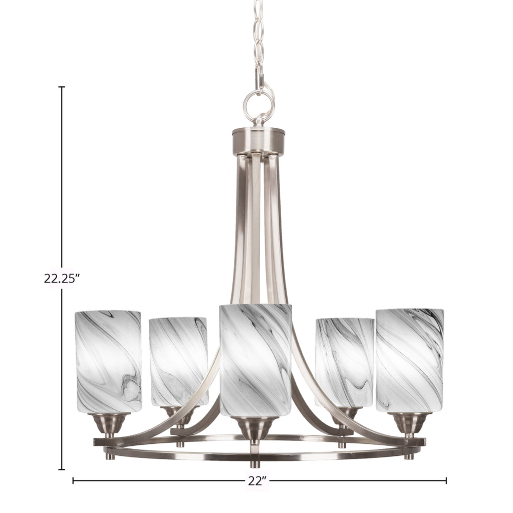 Paramount Five Light Chandelier in Brushed Nickel with 4" Onyx Swirl Shade