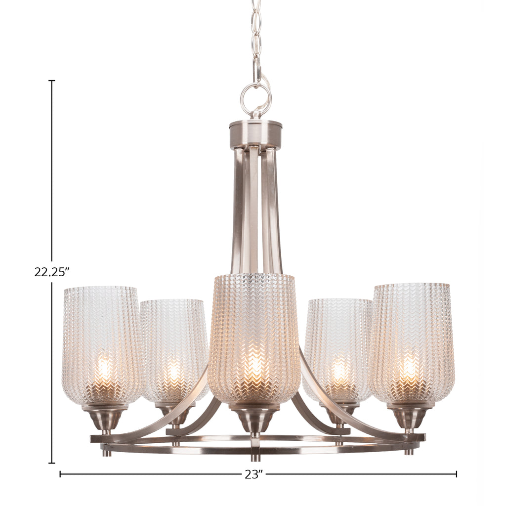 Paramount Five Light Chandelier in Brushed Nickel with 5" Clear Textured Shade