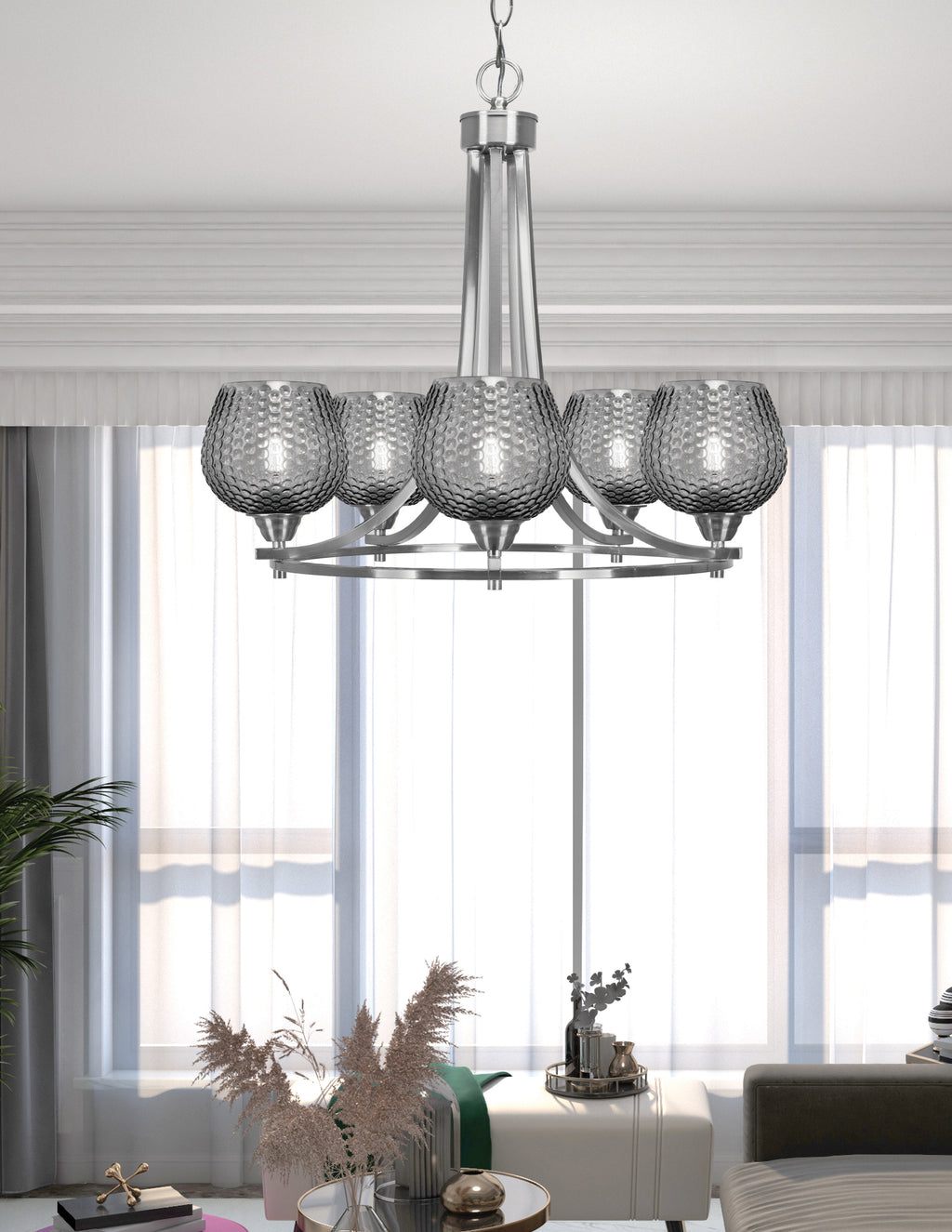 Paramount Five Light Chandelier in Brushed Nickel with Smoke Textured Shade