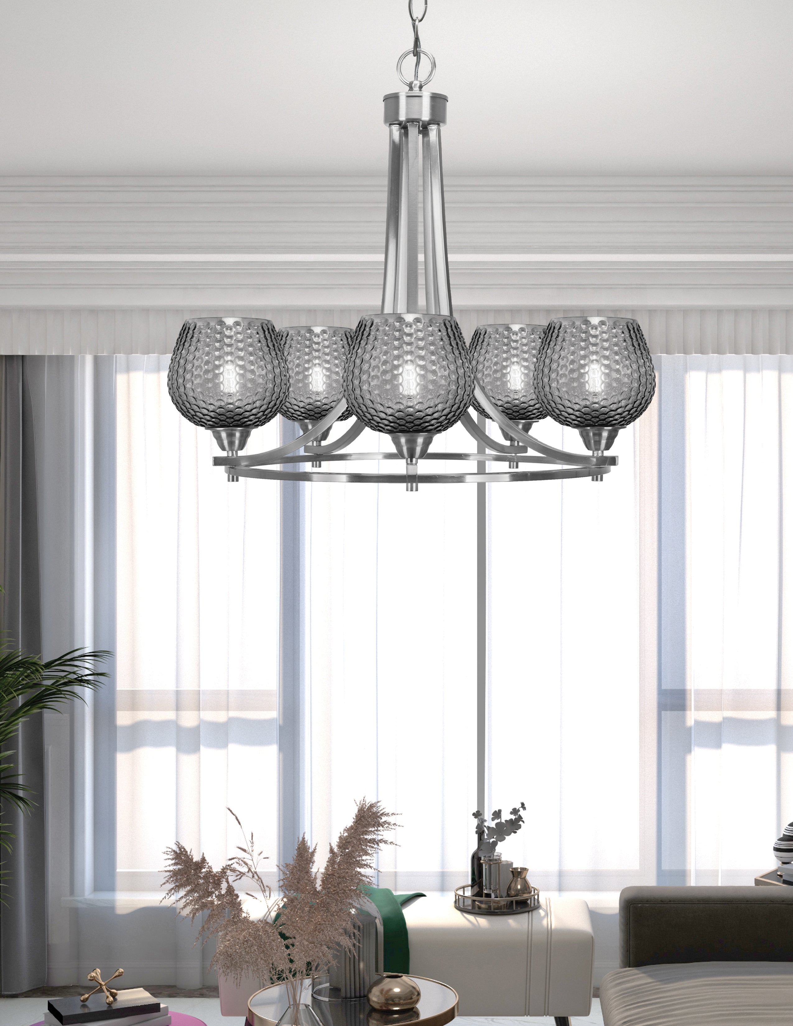 Paramount Five Light Chandelier in Brushed Nickel with Smoke Textured Shade