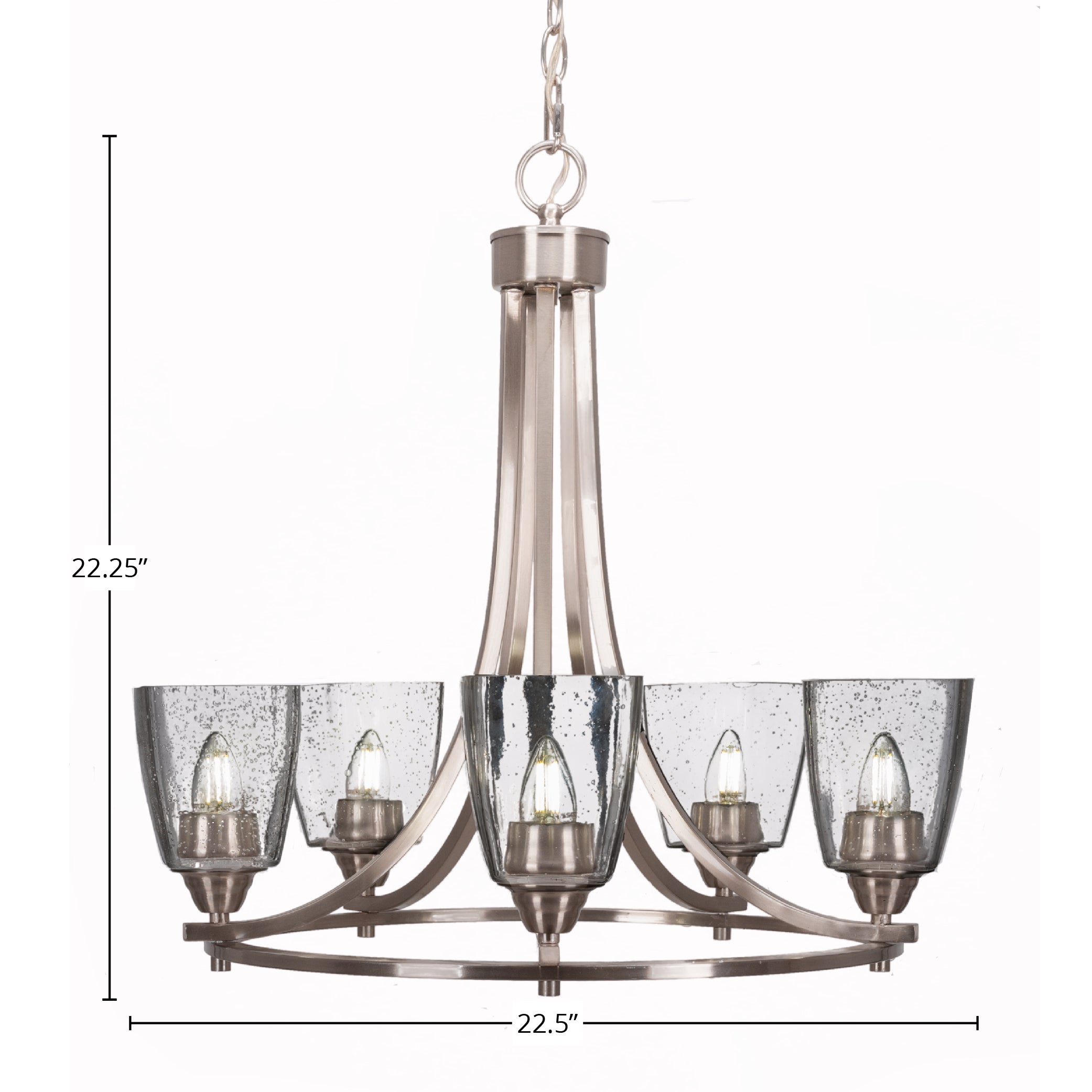 Paramount Five Light Chandelier in Brushed Nickel with 4.5" Square Clear Bubble Shade