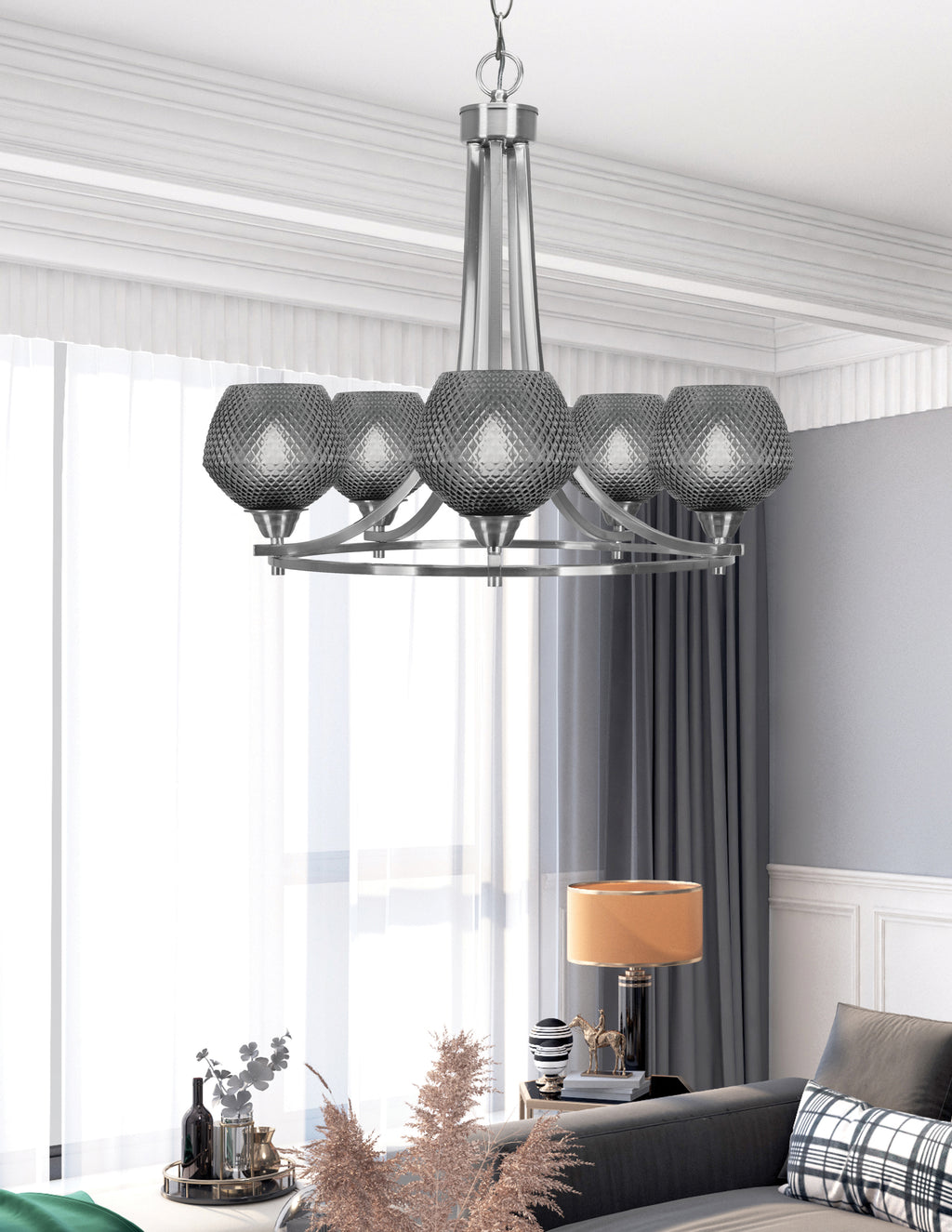 Paramount Five Light Chandelier in Brushed Nickel with Smoke Textured Shade