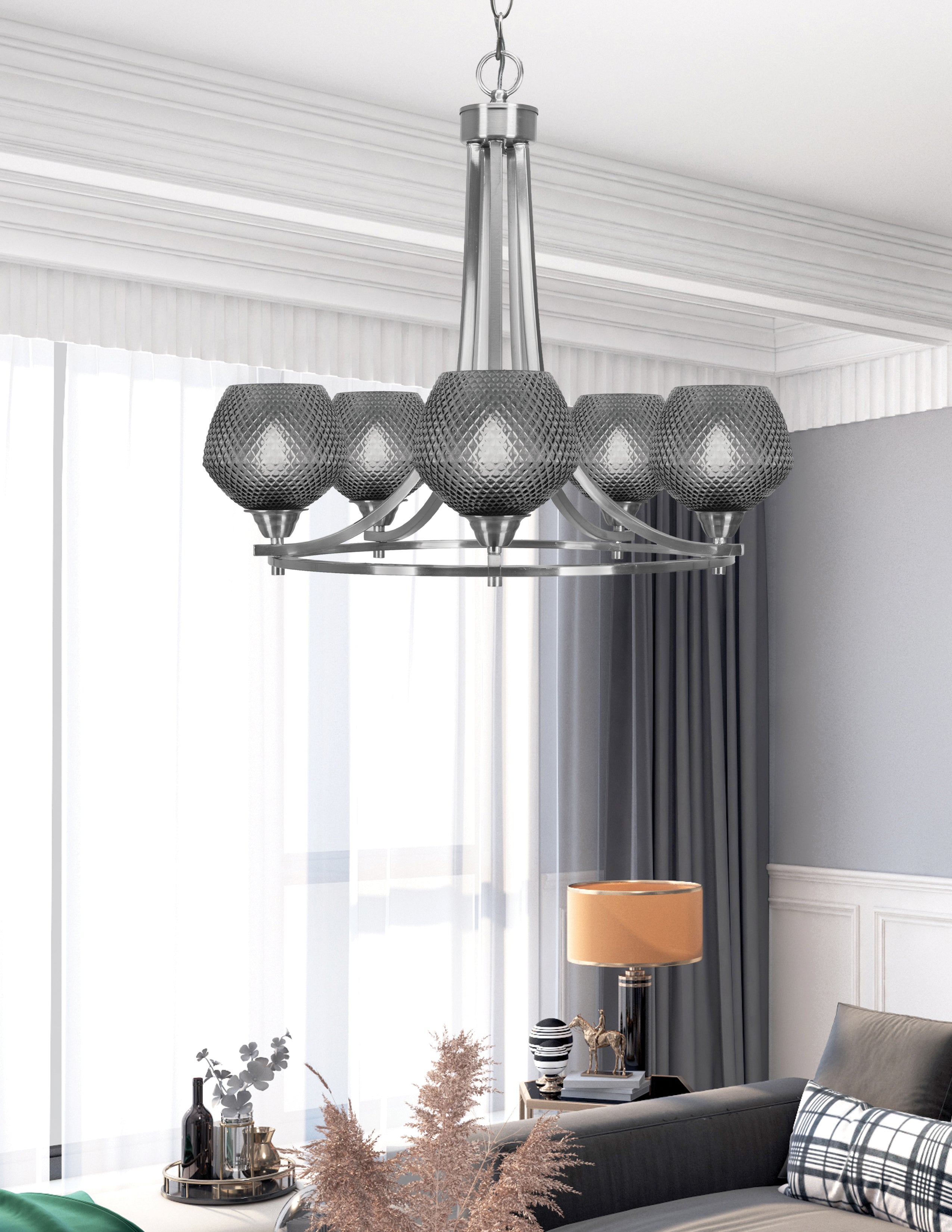 Paramount Five Light Chandelier in Brushed Nickel with Smoke Textured Shade