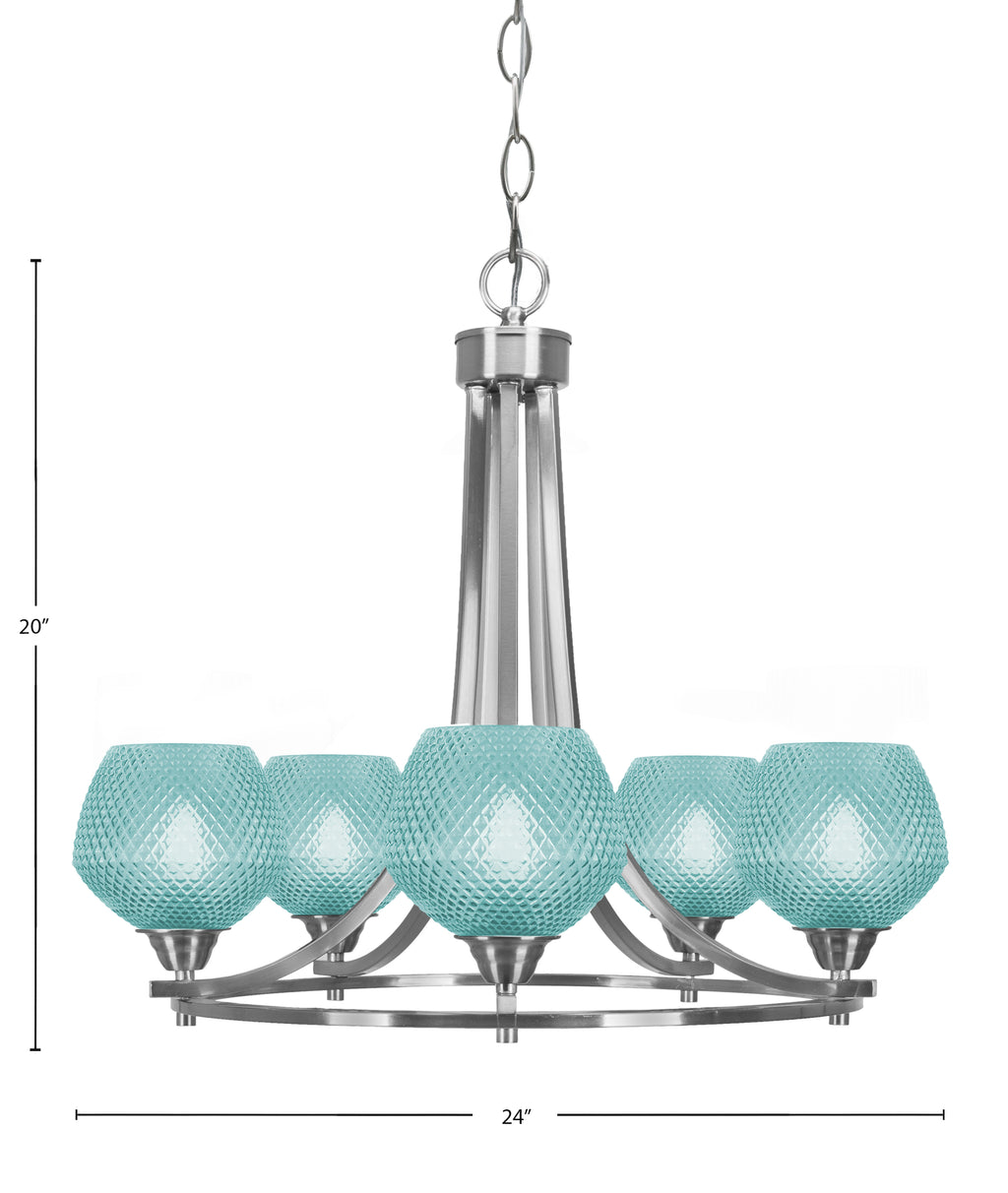 Paramount Five Light Chandelier in Brushed Nickel with Turquoise Textured Shade