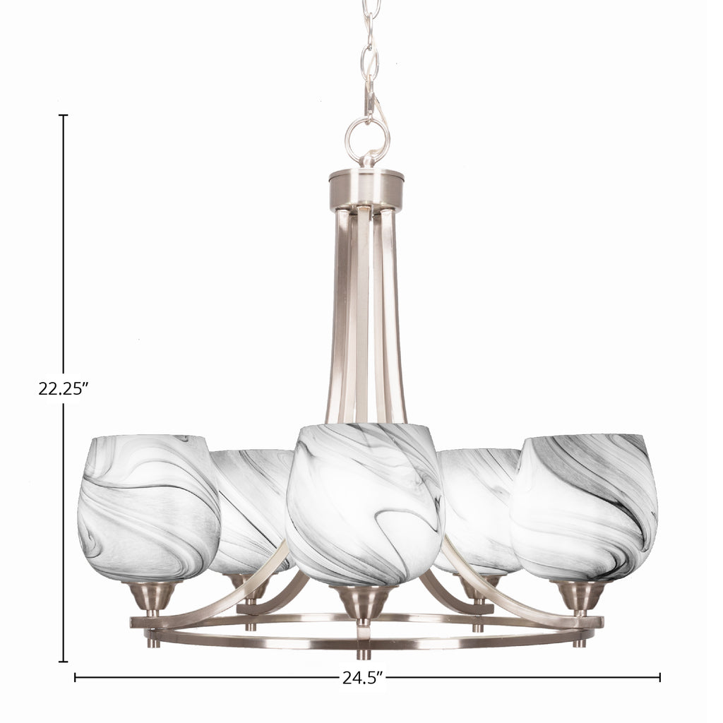 Paramount Five Light Chandelier in Brushed Nickel with 6" Onyx Swirl Shade