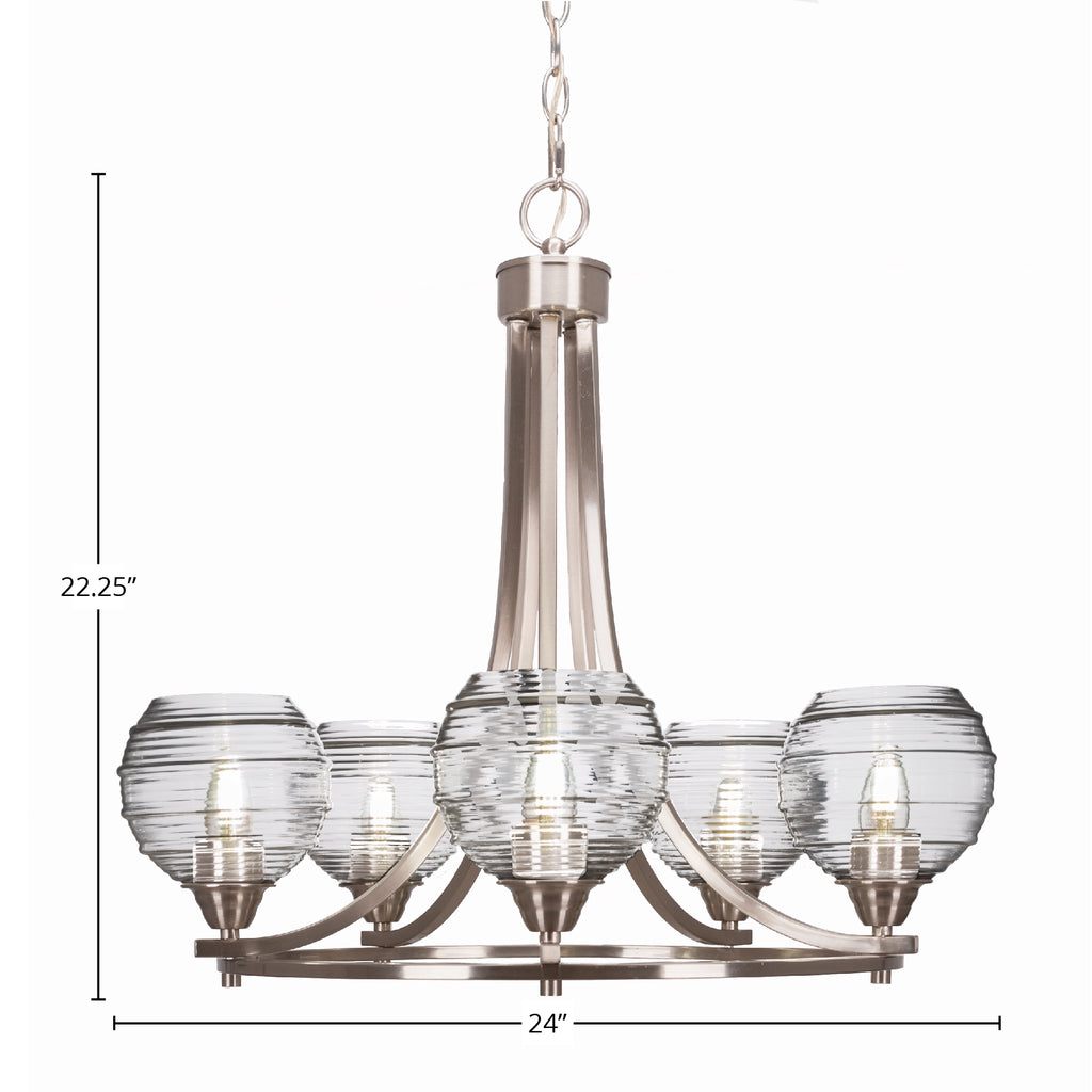 Paramount Five Light Chandelier in Brushed Nickel with 6" Clear Ribbed Shade