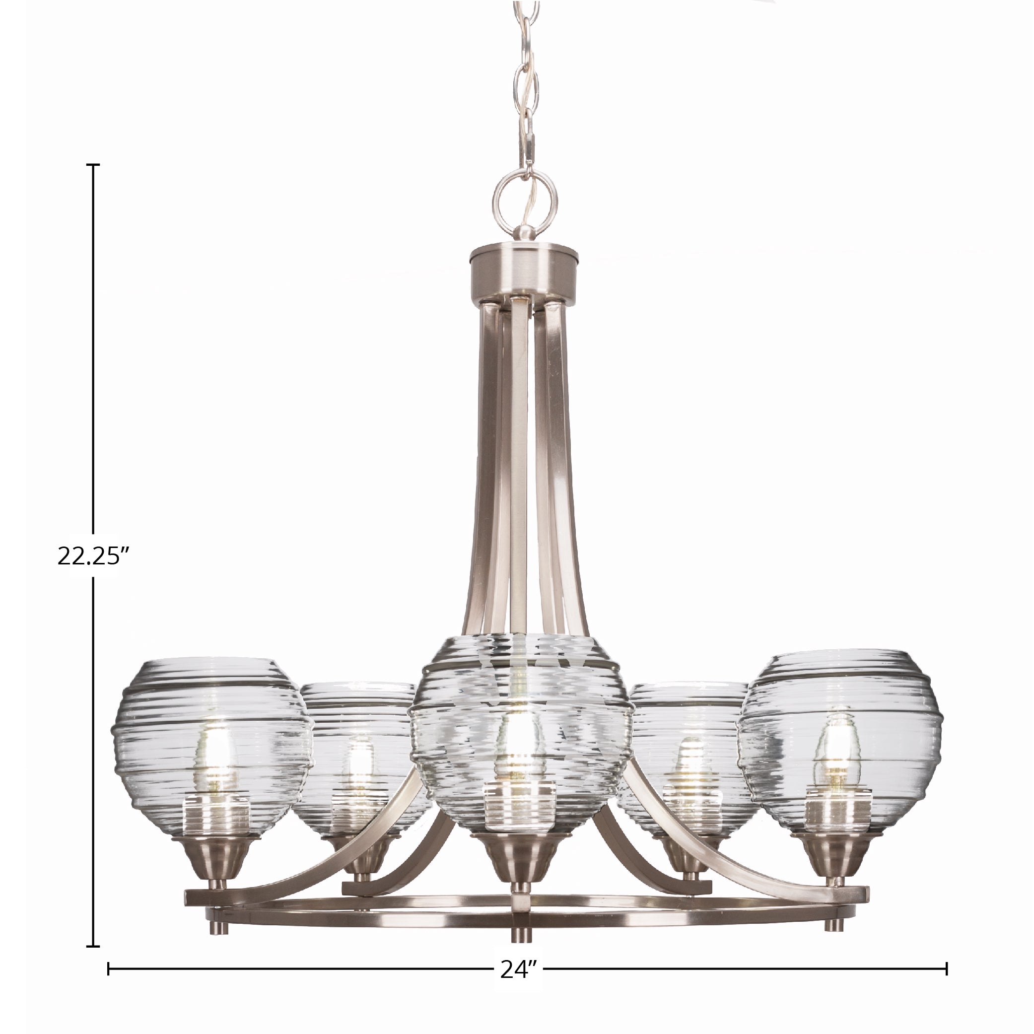 Paramount Five Light Chandelier in Brushed Nickel with 6" Clear Ribbed Shade