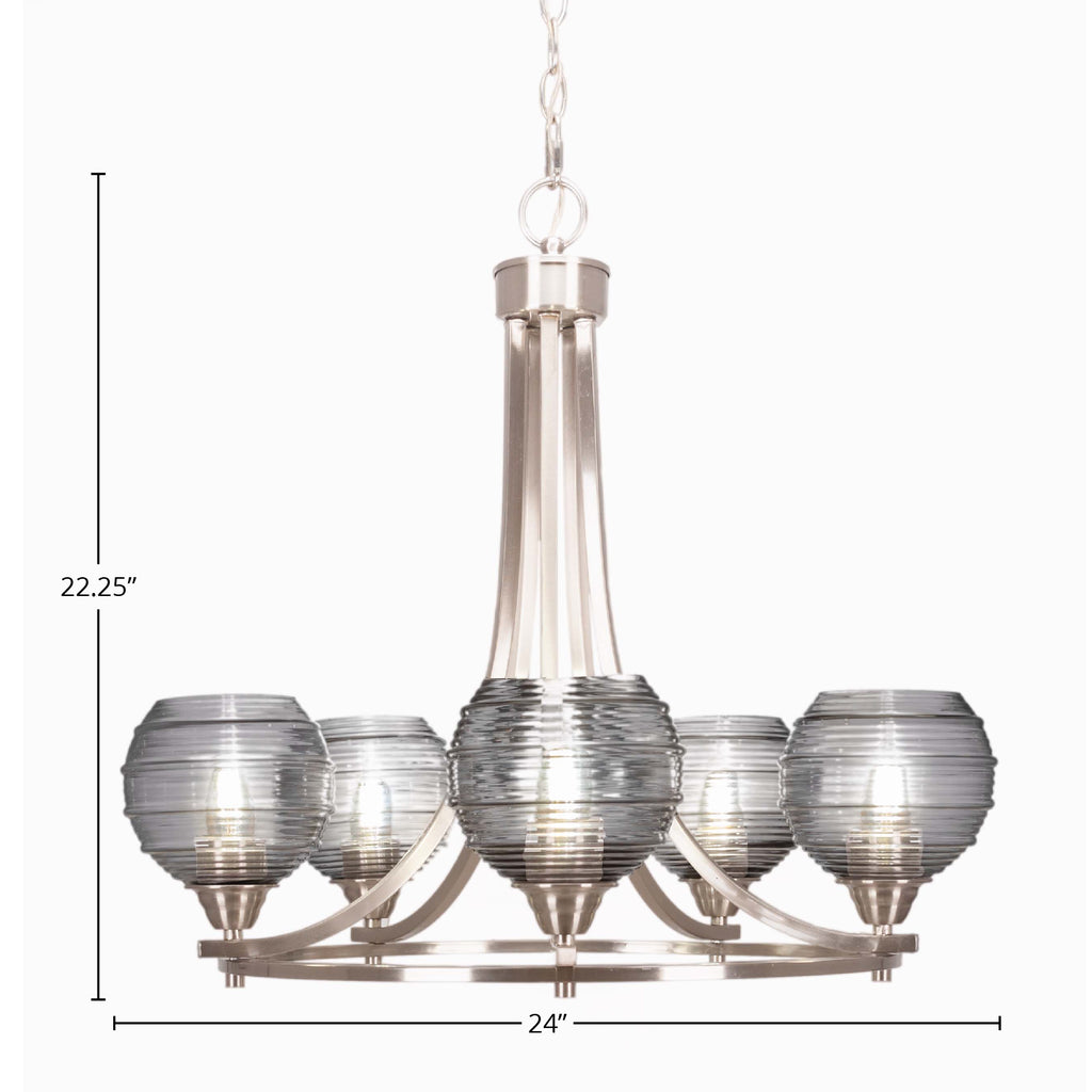 Paramount Five Light Chandelier in Brushed Nickel with 6" Smoke Ribbed Shade