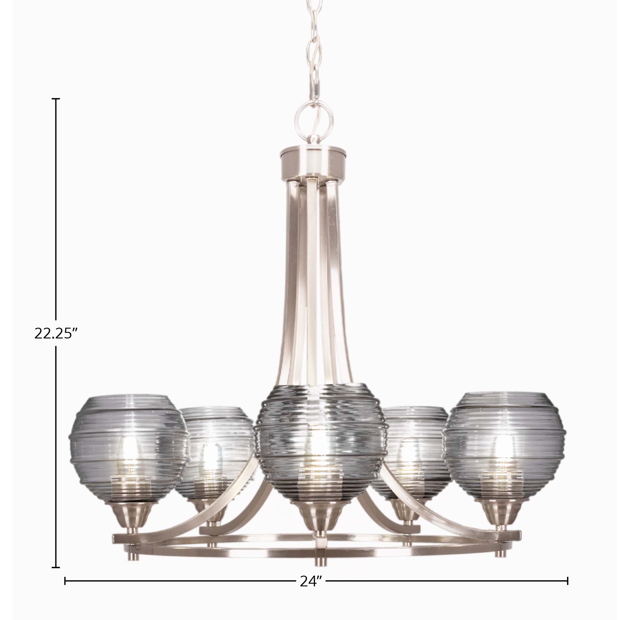 Paramount Five Light Chandelier in Brushed Nickel with 6" Smoke Ribbed Shade