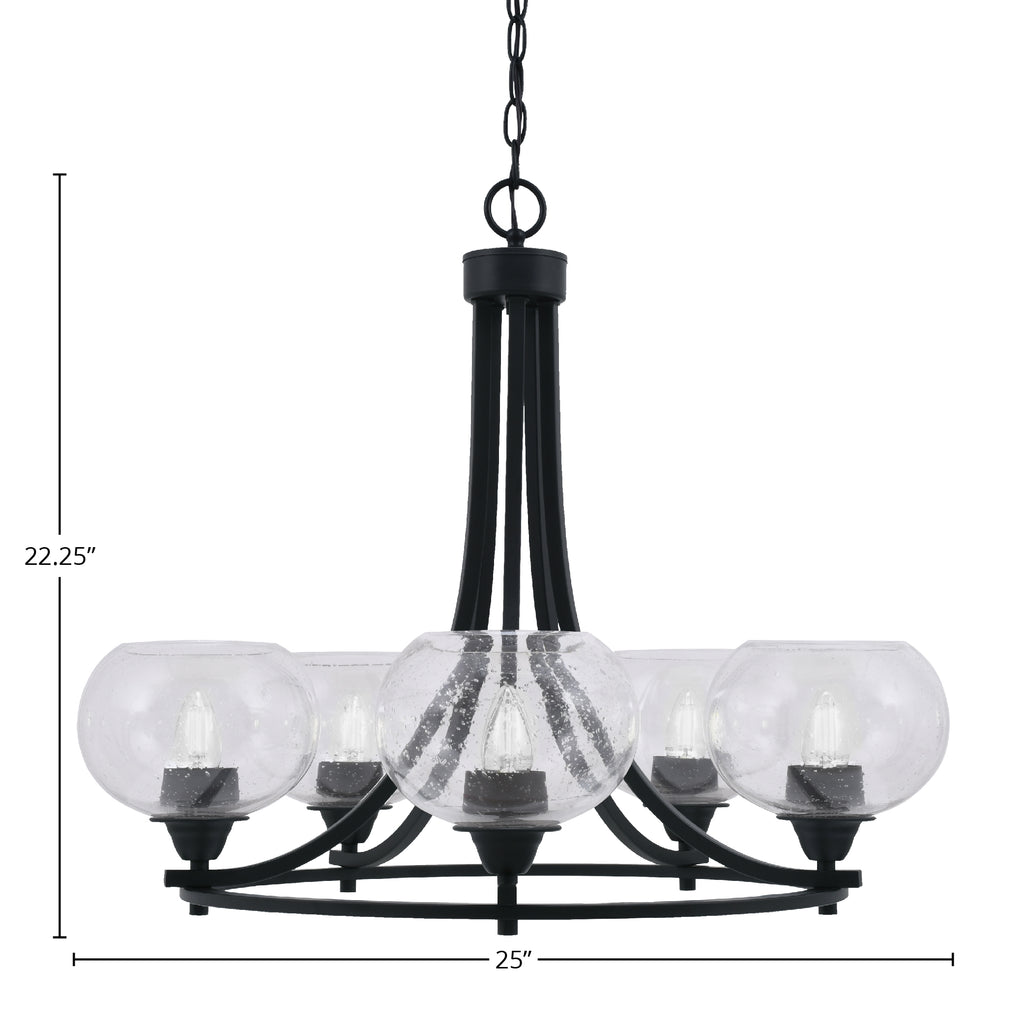 Paramount Five Light Chandelier in Matte Black with 7" Clear Bubble Shade