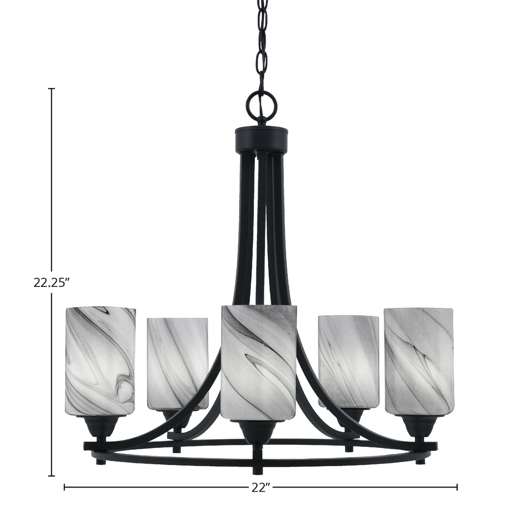 Paramount Five Light Chandelier in Matte Black with 4" Onyx Swirl Shade