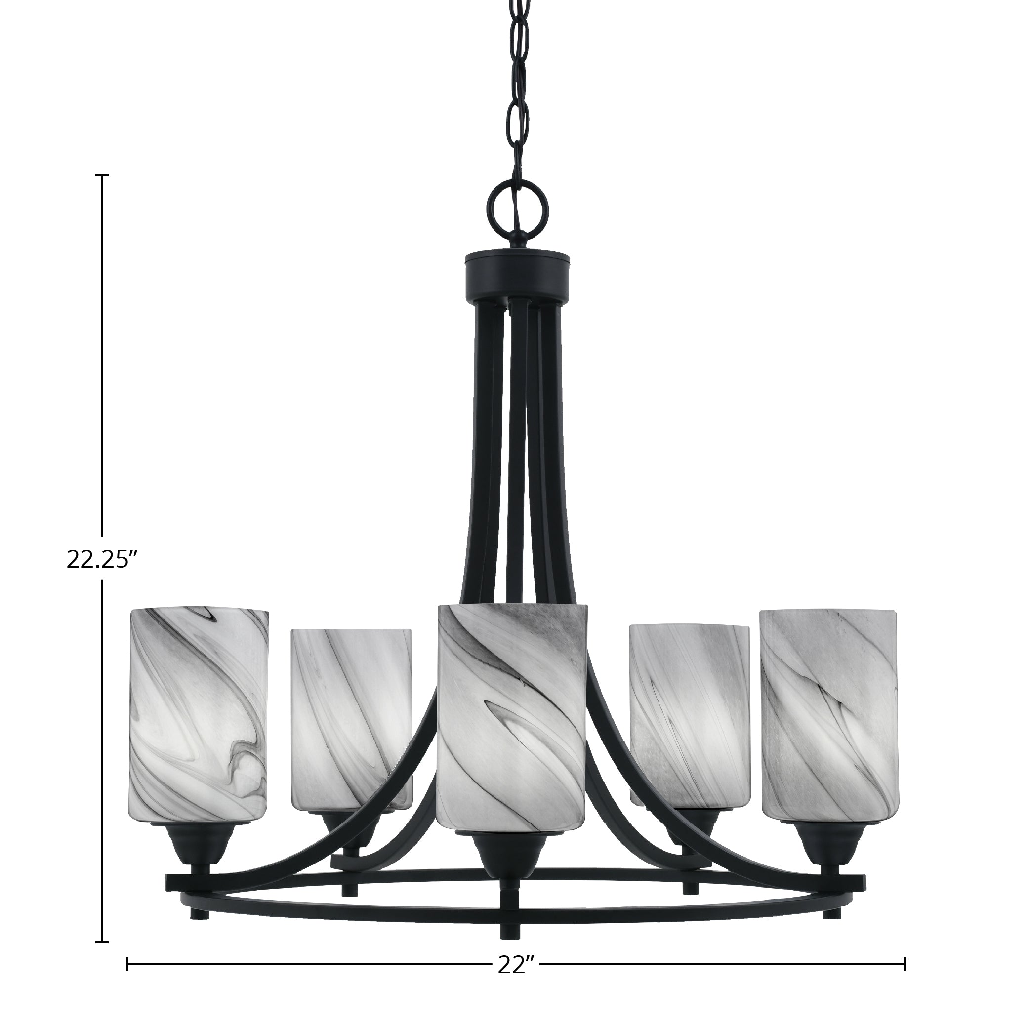 Paramount Five Light Chandelier in Matte Black with 4" Onyx Swirl Shade