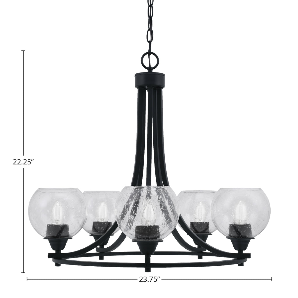 Paramount Five Light Chandelier in Matte Black with 5.75" Clear Bubble Shade