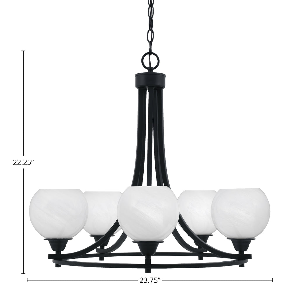 Paramount Five Light Chandelier in Matte Black with 5.75" White Marble Shade