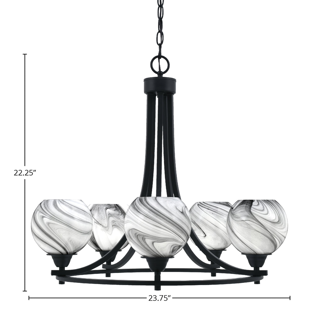 Paramount Five Light Chandelier in Matte Black with 5.75" Onyx Swirl Shade