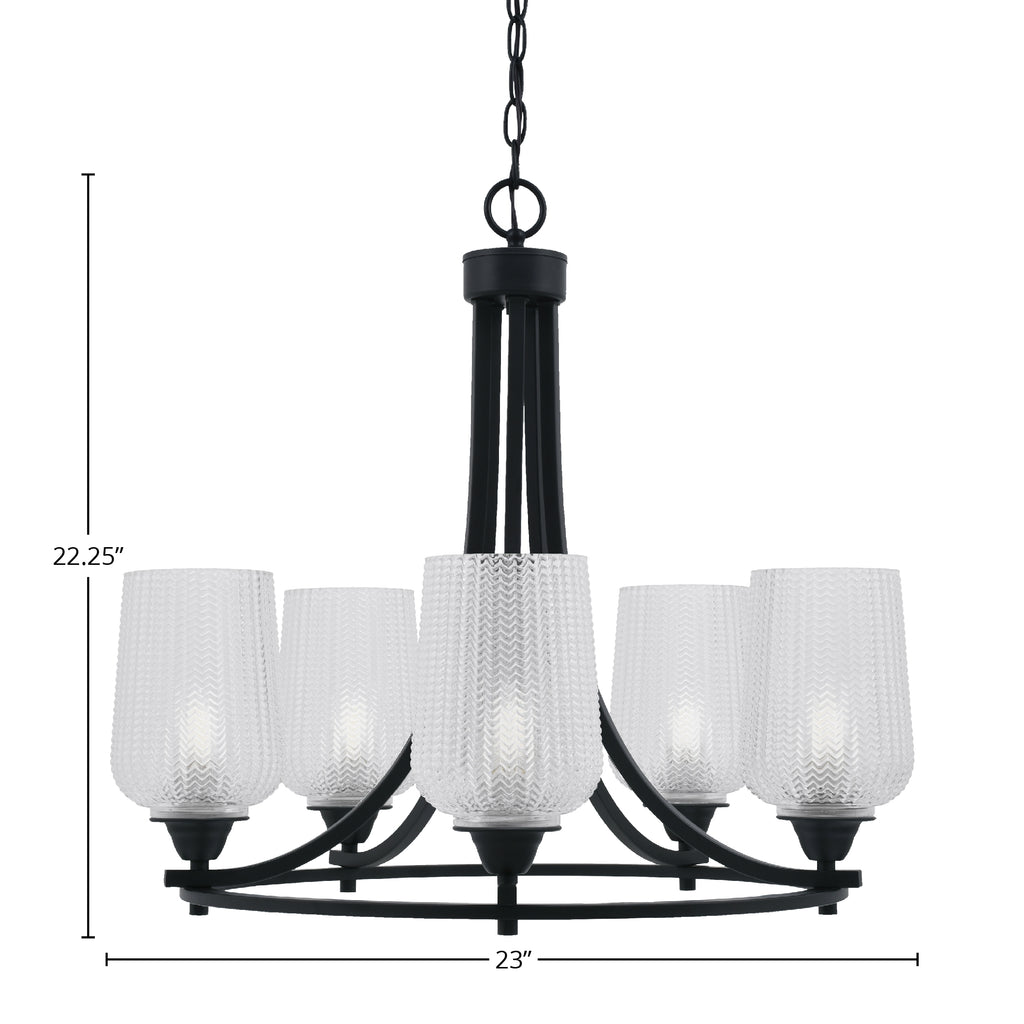 Paramount Five Light Chandelier in Matte Black with 5" Clear Textured Shade
