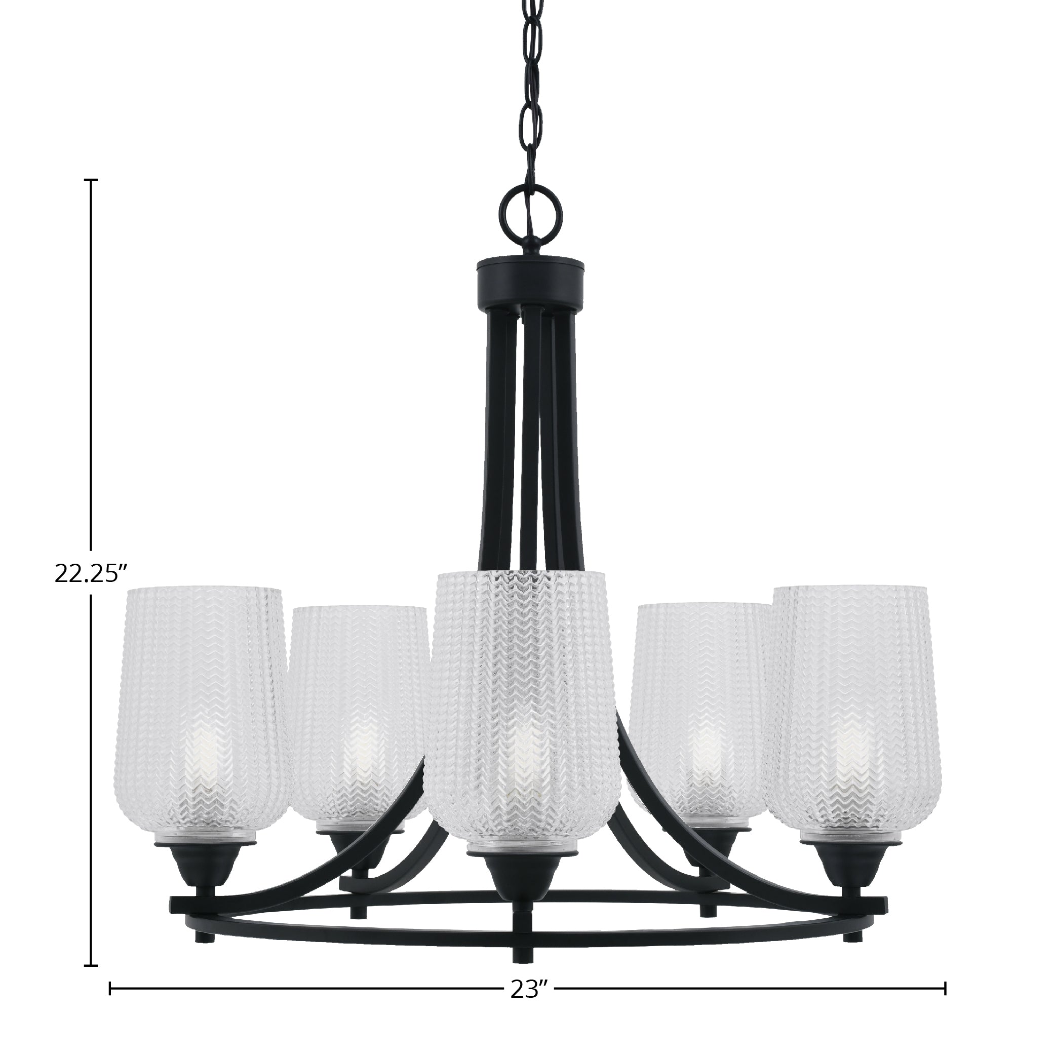 Paramount Five Light Chandelier in Matte Black with 5" Clear Textured Shade