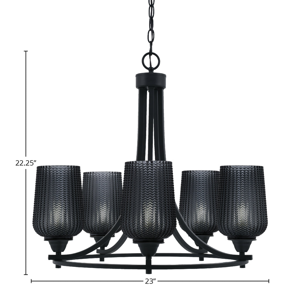 Paramount Five Light Chandelier in Matte Black with 5" Smoke Textured Shade