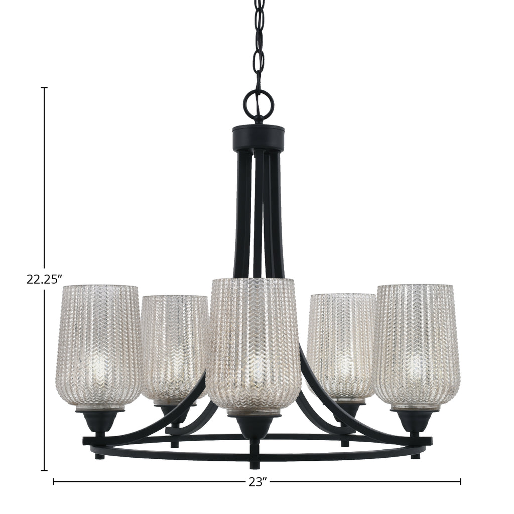 Paramount Five Light Chandelier in Matte Black with 5" Silver Textured Shade