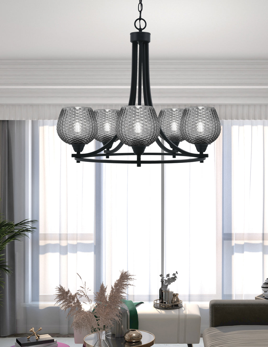 Paramount Five Light Chandelier in Matte Black with Smoke Textured Shade