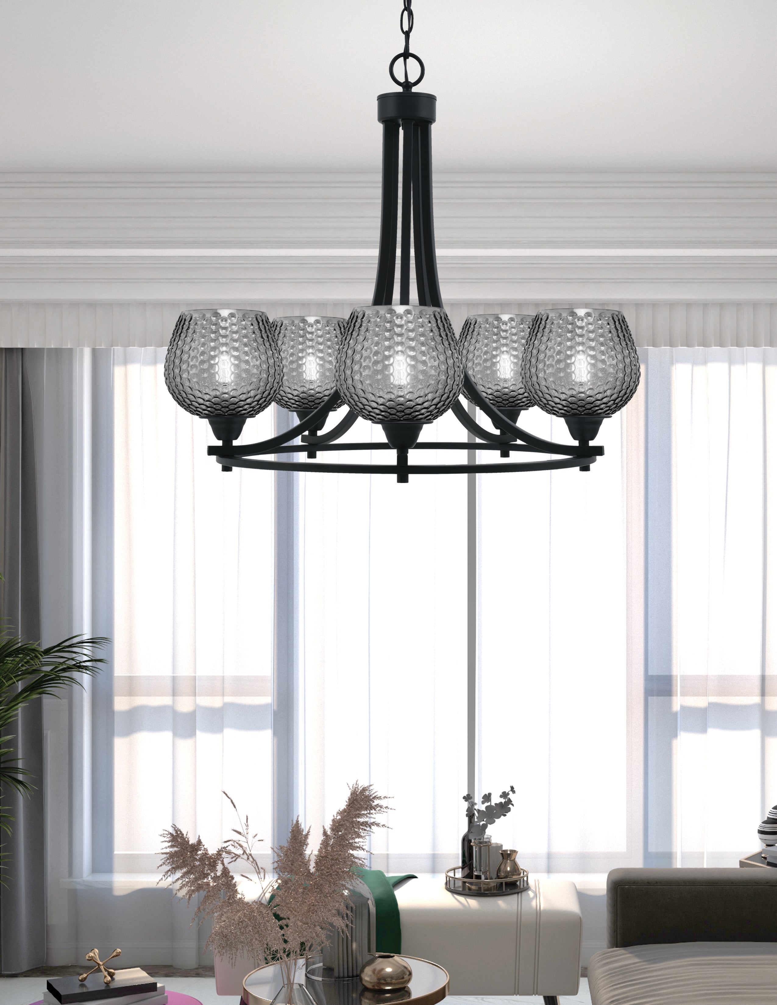 Paramount Five Light Chandelier in Matte Black with Smoke Textured Shade