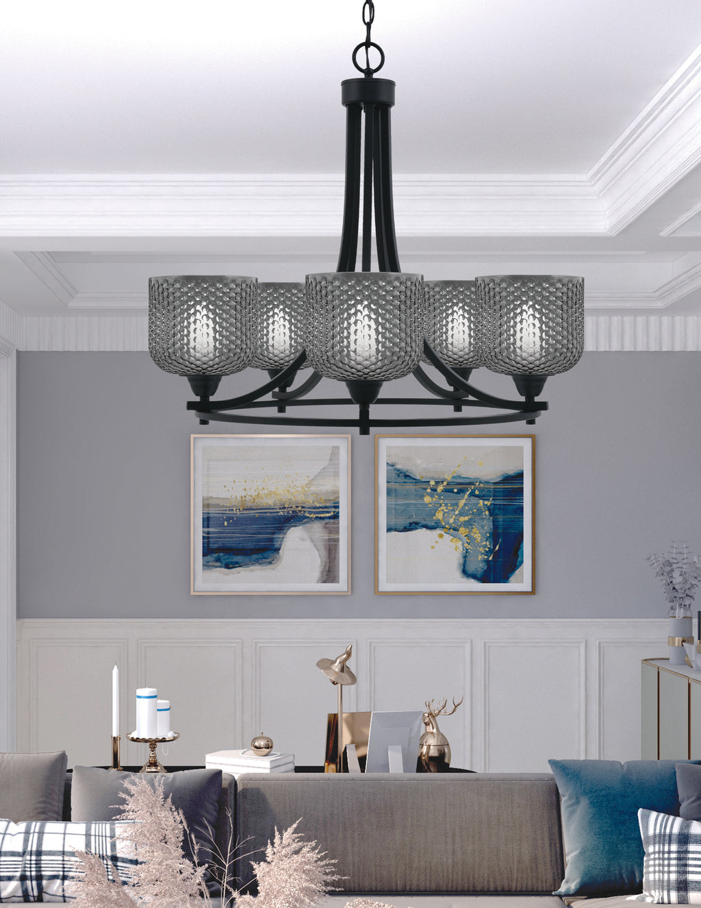 Paramount Five Light Chandelier in Matte Black with Smoke Textured Shade