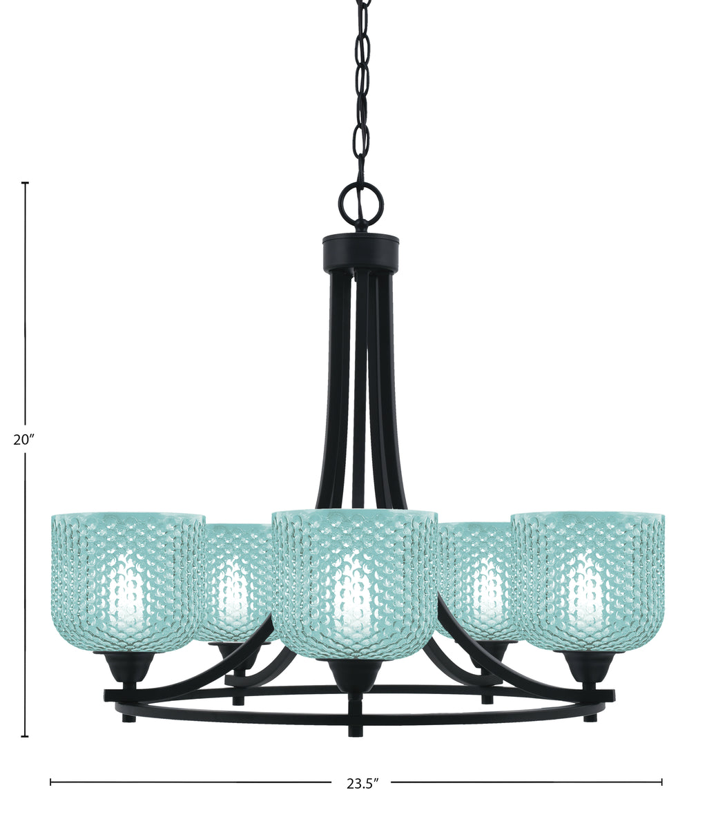 Paramount Five Light Chandelier in Matte Black with Turquoise Textured Shade