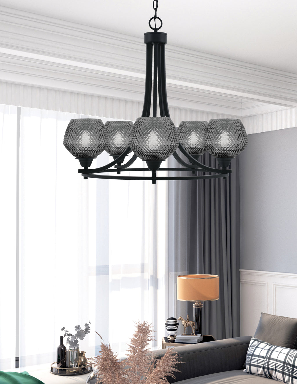 Paramount Five Light Chandelier in Matte Black with Smoke Textured Shade